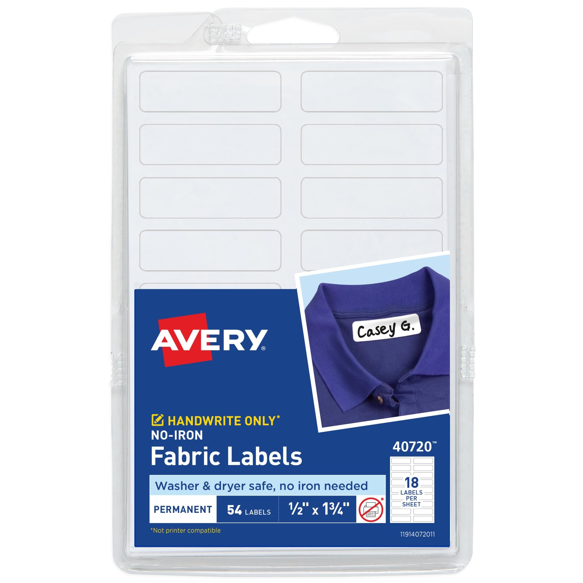 Avery No-Iron Fabric Labels, 1/2" x 1-3/4", Washer and Dryer-Safe Waterproof Labels, Non-Printable, 54 Total (40720)