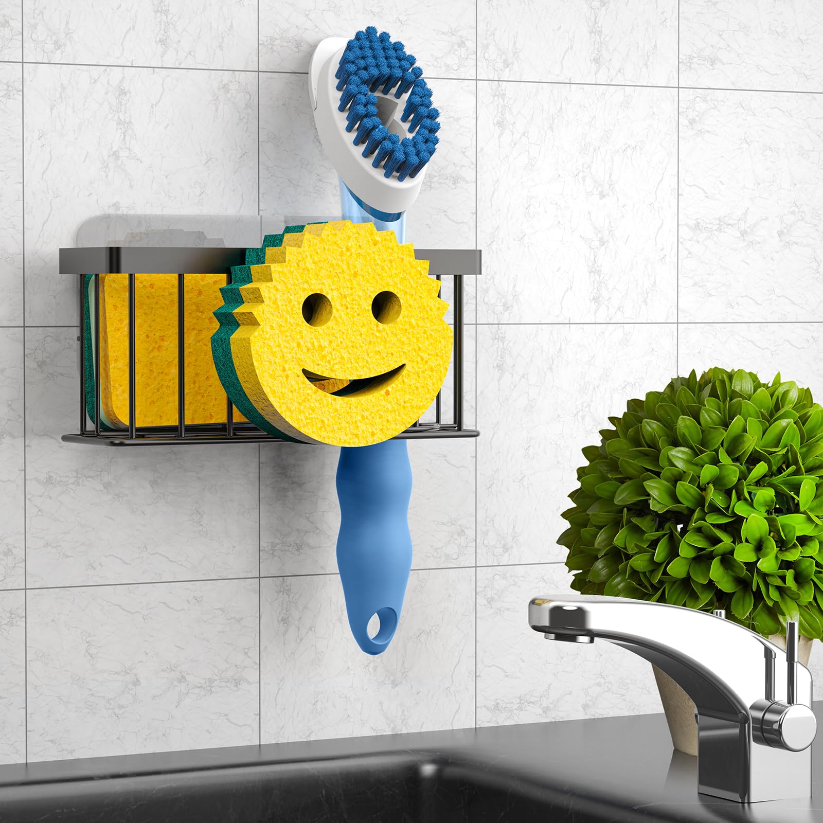 MURLONG Sponge Holder Smiley Face,Sink Caddy,Sink Organizer with 2 Suction Cups/1 Adhesive Strips,Designed for Sponge,Soap,Dish Brush,Scrubber - Black