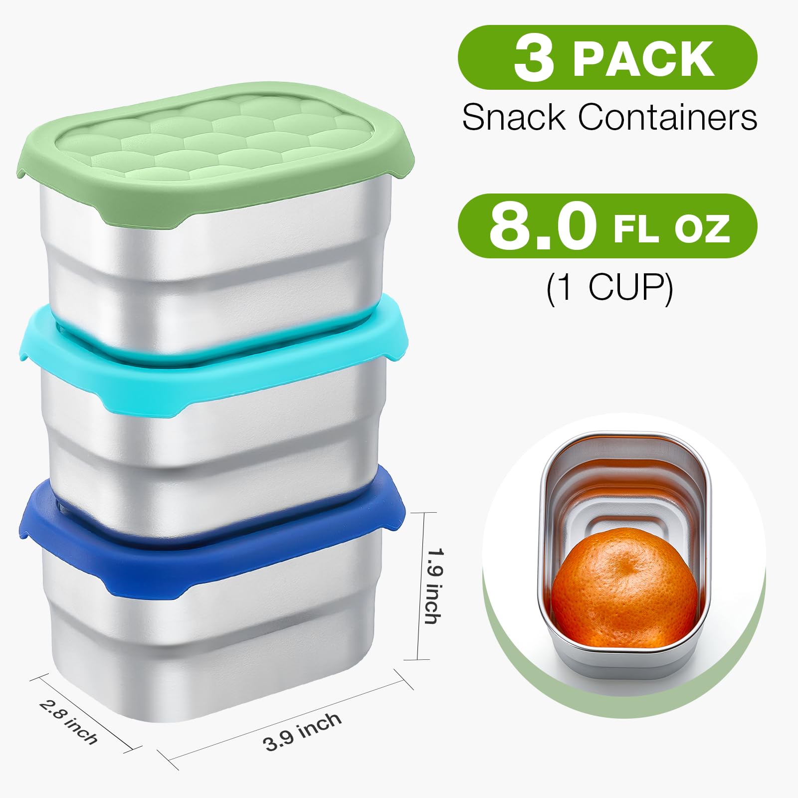 Gencywe 3 Pack Stainless Steel Snack Containers for Kids, 8 oz Easy Open Leak Proof Small Toddler Snack Containers with Silicone Lids, Stackable Metal Lunch Box for Daycare and School (Blue)