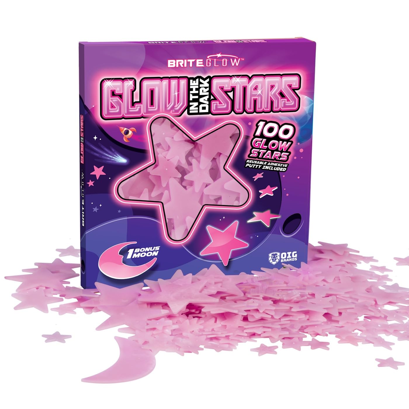 100 Pcs Brighter Pink 3D Glow in The Dark Stars for Ceiling & Walls I Glow Stars for Ceiling with Moon I Glow in The Dark Decorations for Bedroom W/Constellation Map & Reusable Putty I Star Stickers