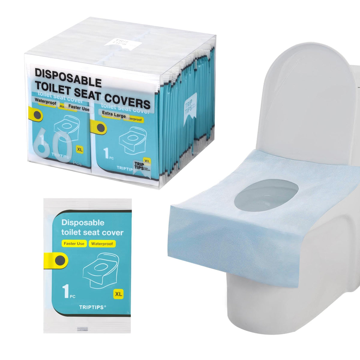 TRIPTIPS Toilet Seat Covers Disposable Travel Pack 60 countFaster use-Sticker freeWaterproofXL Disposable Toilet Seat Cover for Adults and Kids, Individually for Public Restroom/Airplane (60pcs)