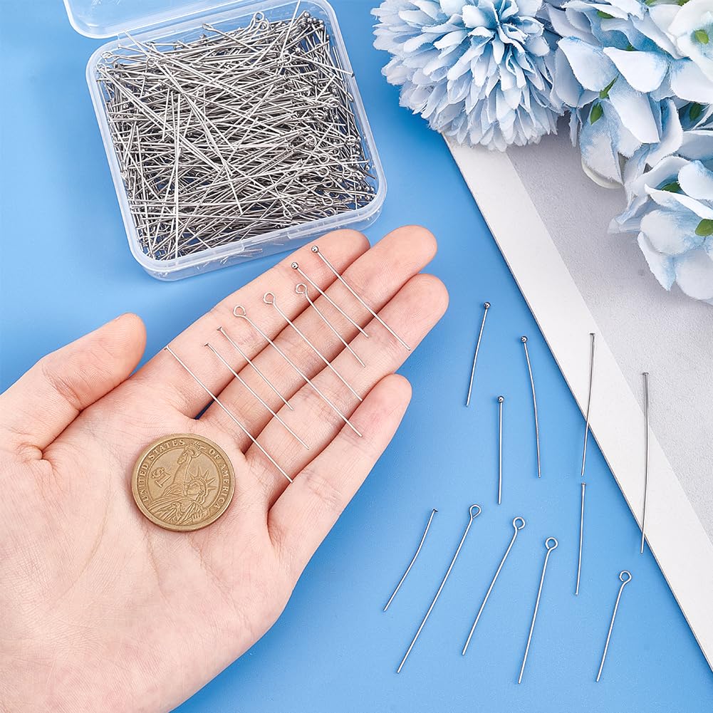 PH PandaHall 560pcs 8 Styles 304 Stainless Steel Eye Pins 30mm 40mm 50mm Head Pins Ball 22 Gauge Head Pins Findings Open Eye Pin for Earring Bracelet Pendant Jewelry Making, Stainless Steel Color