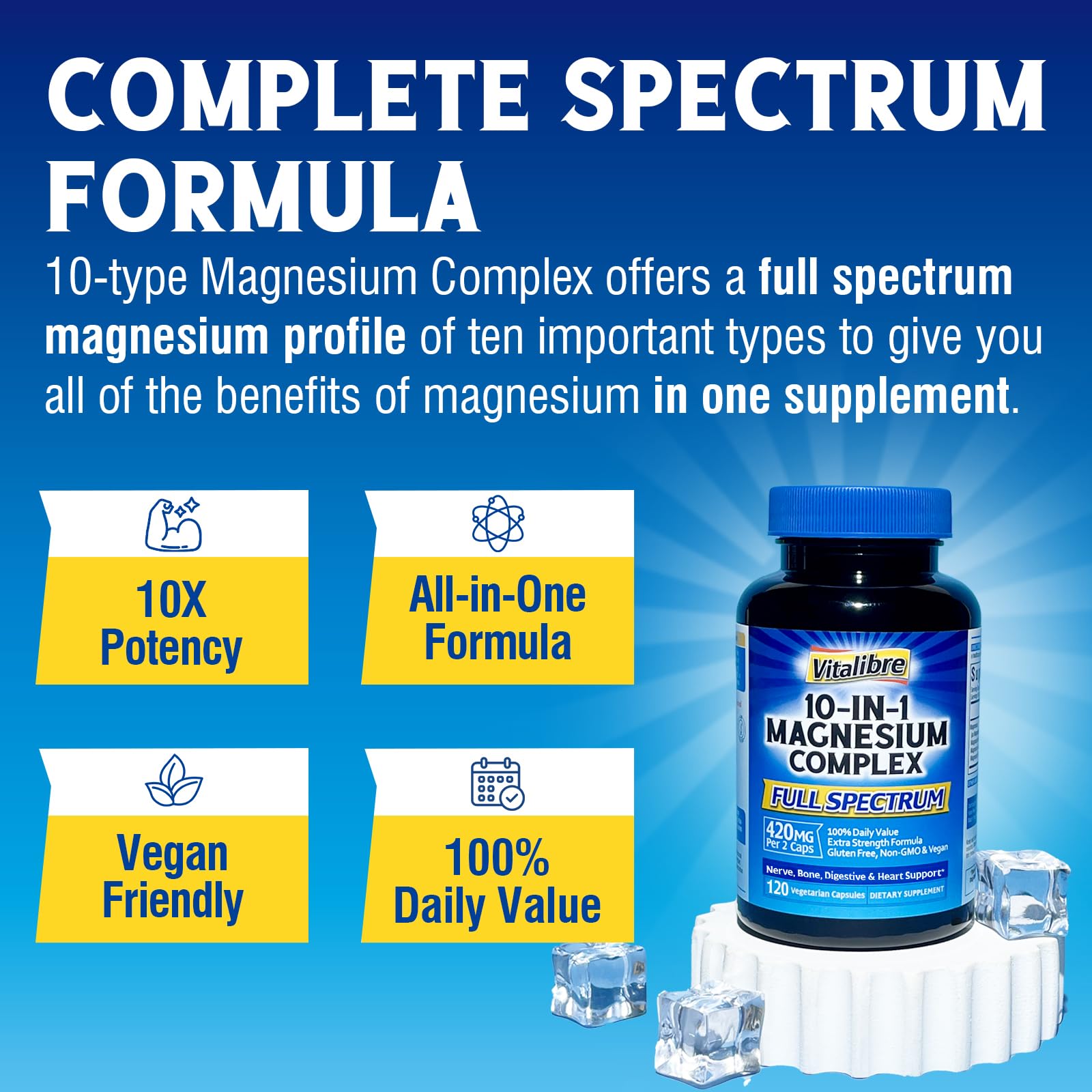 Vitalibre 10 in 1 Magnesium Complex, 420mg Elemental Magnesium | Ultra Strength, Max Absorption | Chelated Magnesium Supplement for Sleep, Nerves & Heart Health | Non-GMO, 120 Vegan Capsules