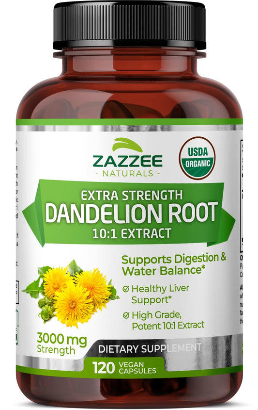 Zazzee USDA Organic Dandelion Root 10:1 Extract, 3000 mg Strength, 120 Capsules, 4 Month Supply, Standardized and Concentrated 10X Extract, 100% Vegetarian, All-Natural and Non-GMO