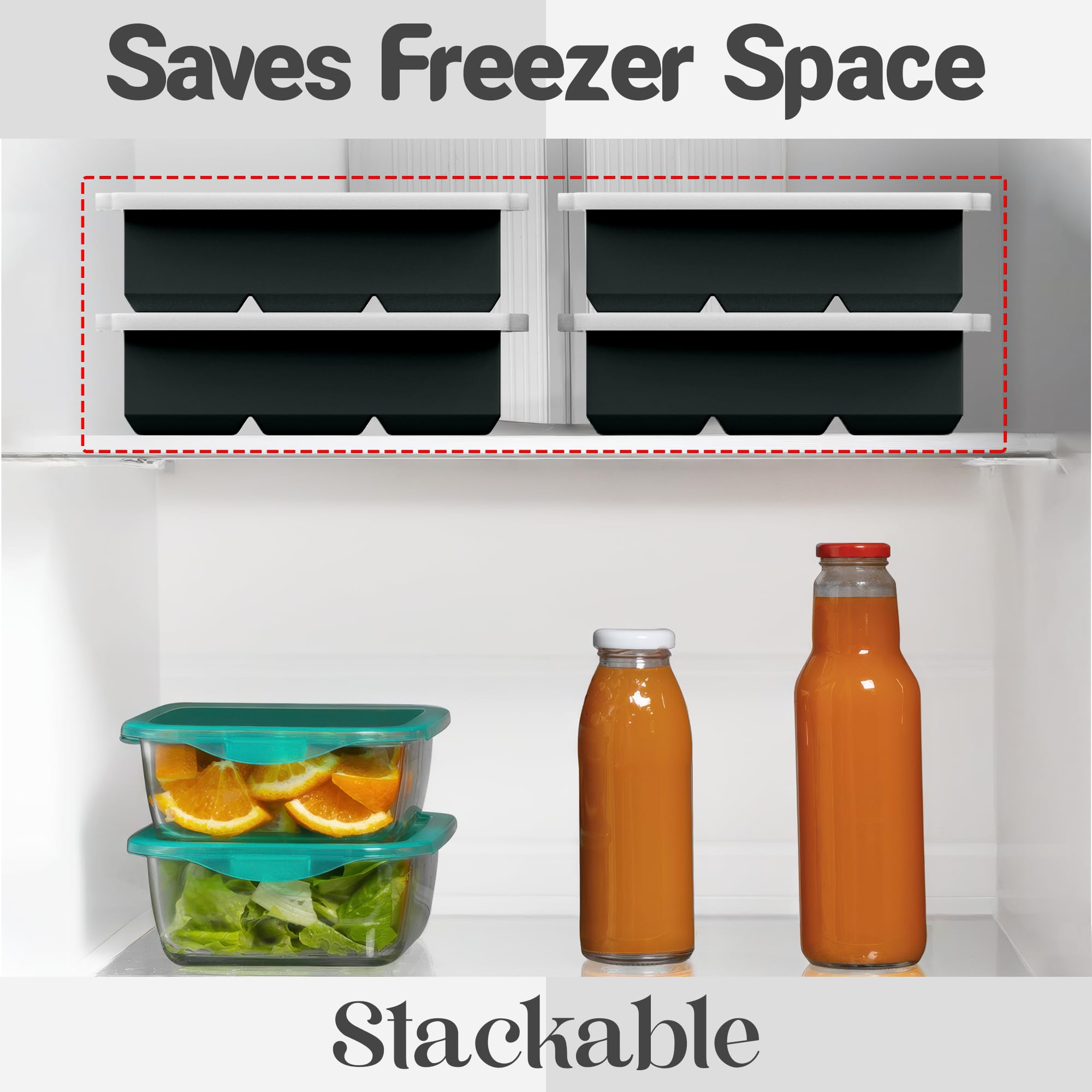 KitchFort Large Silicone Ice Cube Tray (2-Pack), Easy Release 2" Big Ice Cubes - Cocktail, Whiskey Ice Cubes Mold - BPA Free Ice Trays for Freezer - Ice Tray With Stackable Lid - Black