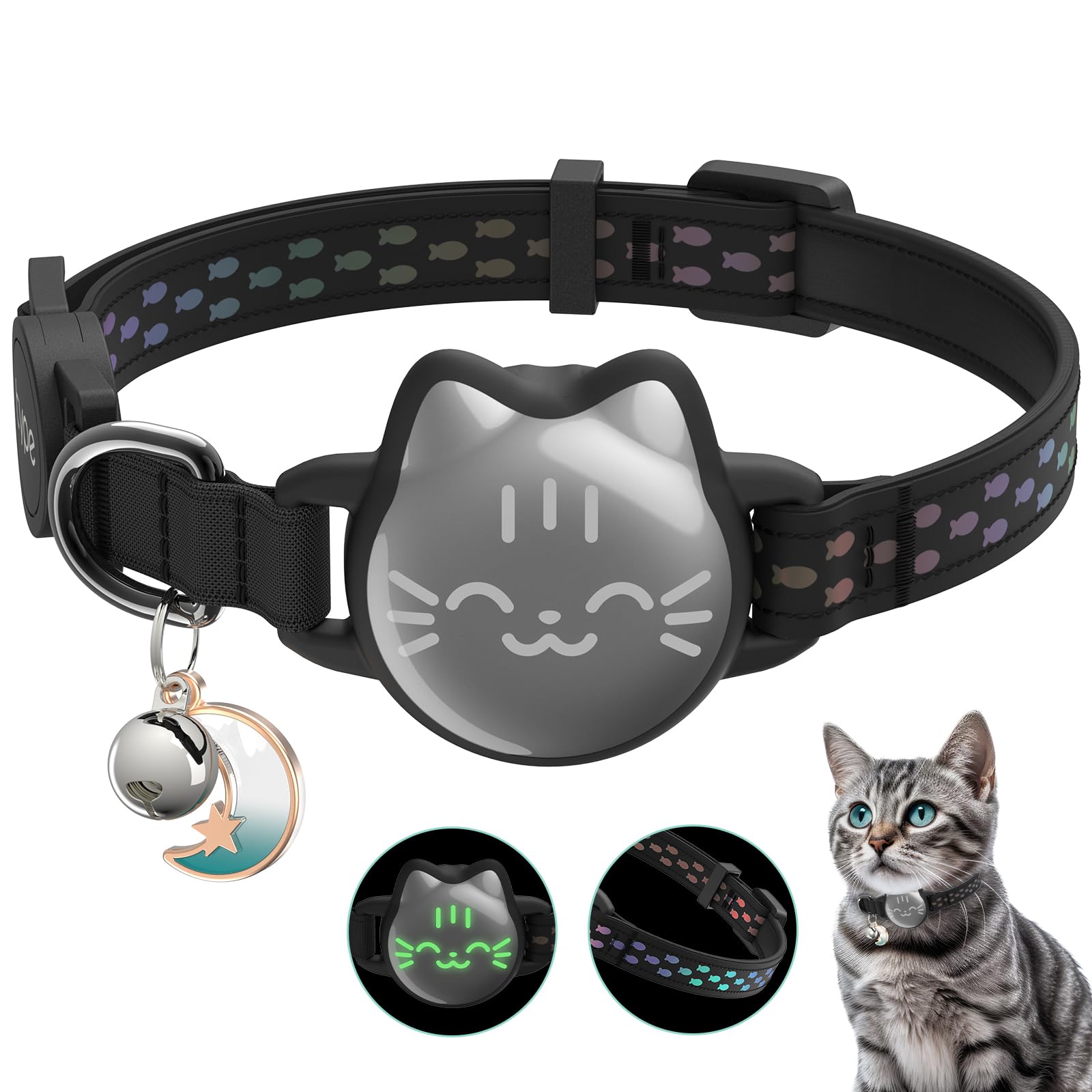Waterproof Airtag Cat Collar, Breakaway Cat Airtag Collar with Luminous & Reflective Pattern Strap, Lightweight Kitten Collar for Apple Air tag, Hidden Holder for GPS Tracker - Cats, Kittens (9-13")