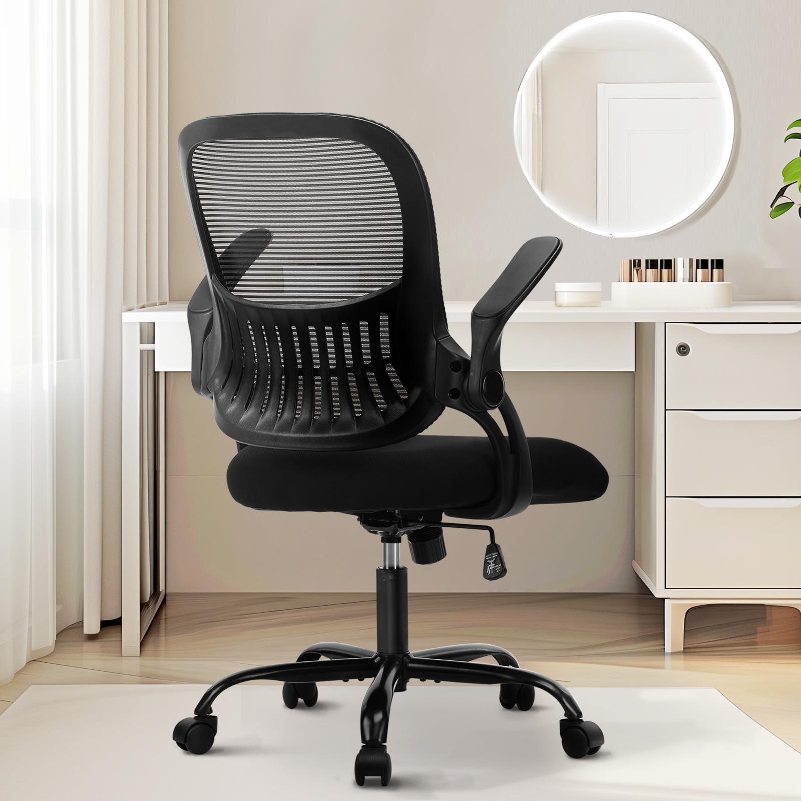 Sweetcrispy Office Computer Desk Chair, Ergonomic Mid-Back Mesh Rolling Work Swivel Task Chairs with Wheels, Comfortable Lumbar Support, Comfy Flip-up Arms for Home, Bedroom, Study, Student, Black