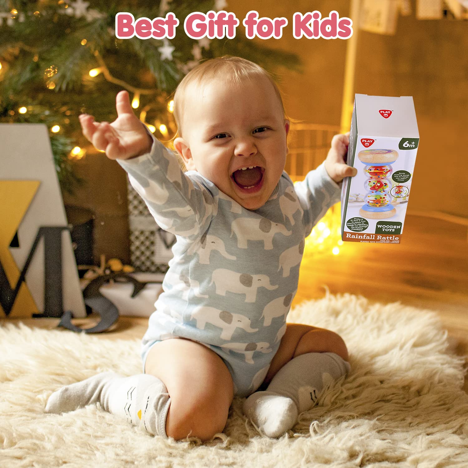 PLAY Rainmaker - 7 inch Wooden Rainbow Rain Stick Montessori Toys for Babies 6-12 Months, Baby Rattle Shaker Sensory Developmental Toy, Raindrops Musical Instrument