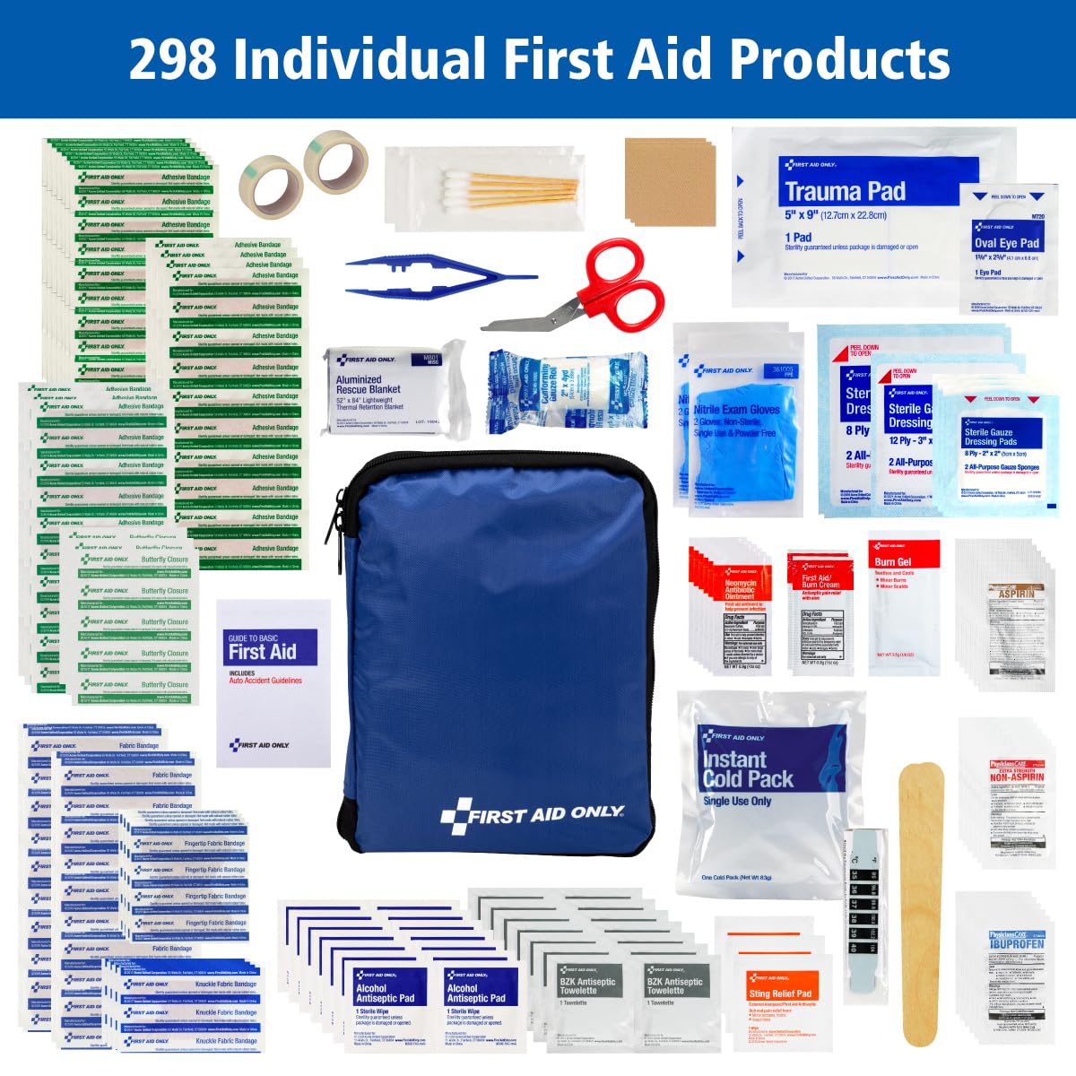First Aid Only 299 Piece All-Purpose Emergency First Aid Kit for Home, Office, Car, Apartment, Dorm, and Camping, Travel-Friendly Compact Pouch Fits in Backpacks, Suitcases, Cabinets, and Drawers