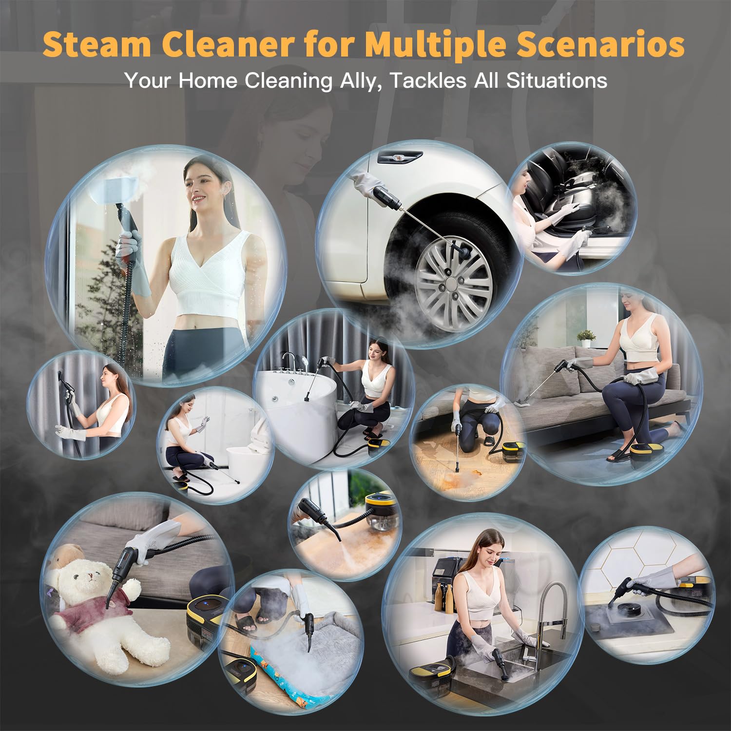Gautye Steam Cleaner, 3-Level Adjustable Handle, 15s Heat-Up, 1.69 Quarts Tank, Portable Steamer for Cleaning with 15 pcs Accessories, Steam Cleaner for Home for Dirt, Grease, Grout, Tile,Floor, Car
