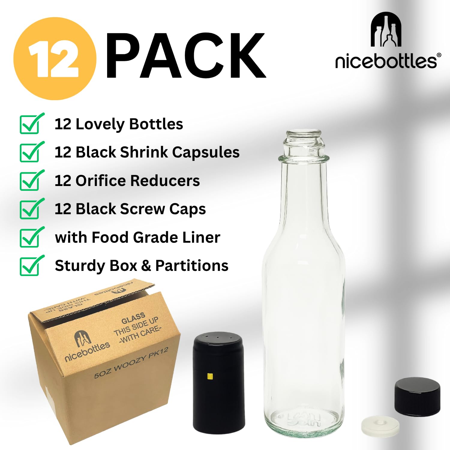 nicebottles Clear Glass Woozy Bottles with Shrink Capsules, 5 Oz, Case of 12