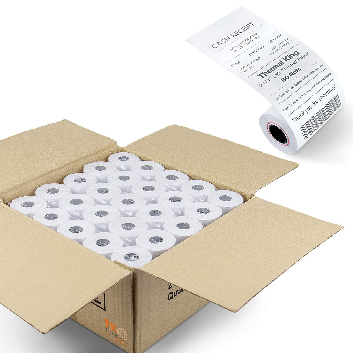 TK Thermal King, (50 Rolls) 2 1/4" 50' feet White Paper Cash Register POS Receipt, Fits All Credit Card Terminal Great For Cashier Receipt Small Business Premium Quality