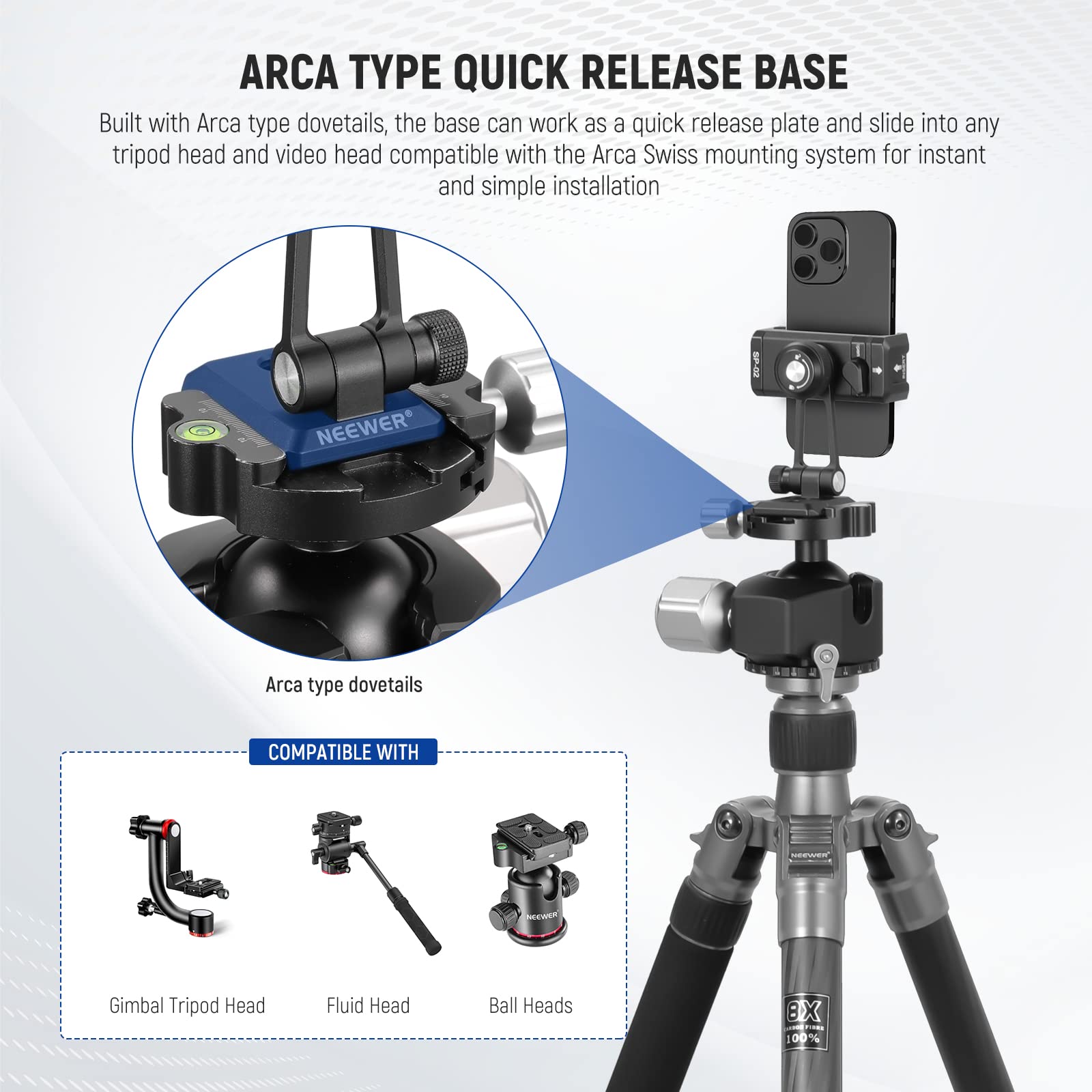 NEEWER Metal Phone Tripod Mount Adapter with Arca QR Base, Cold Shoe, 360° Swivel 180° Tilt, Phone Holder Compatible with iPhone 15 Pro Max Galaxy S24