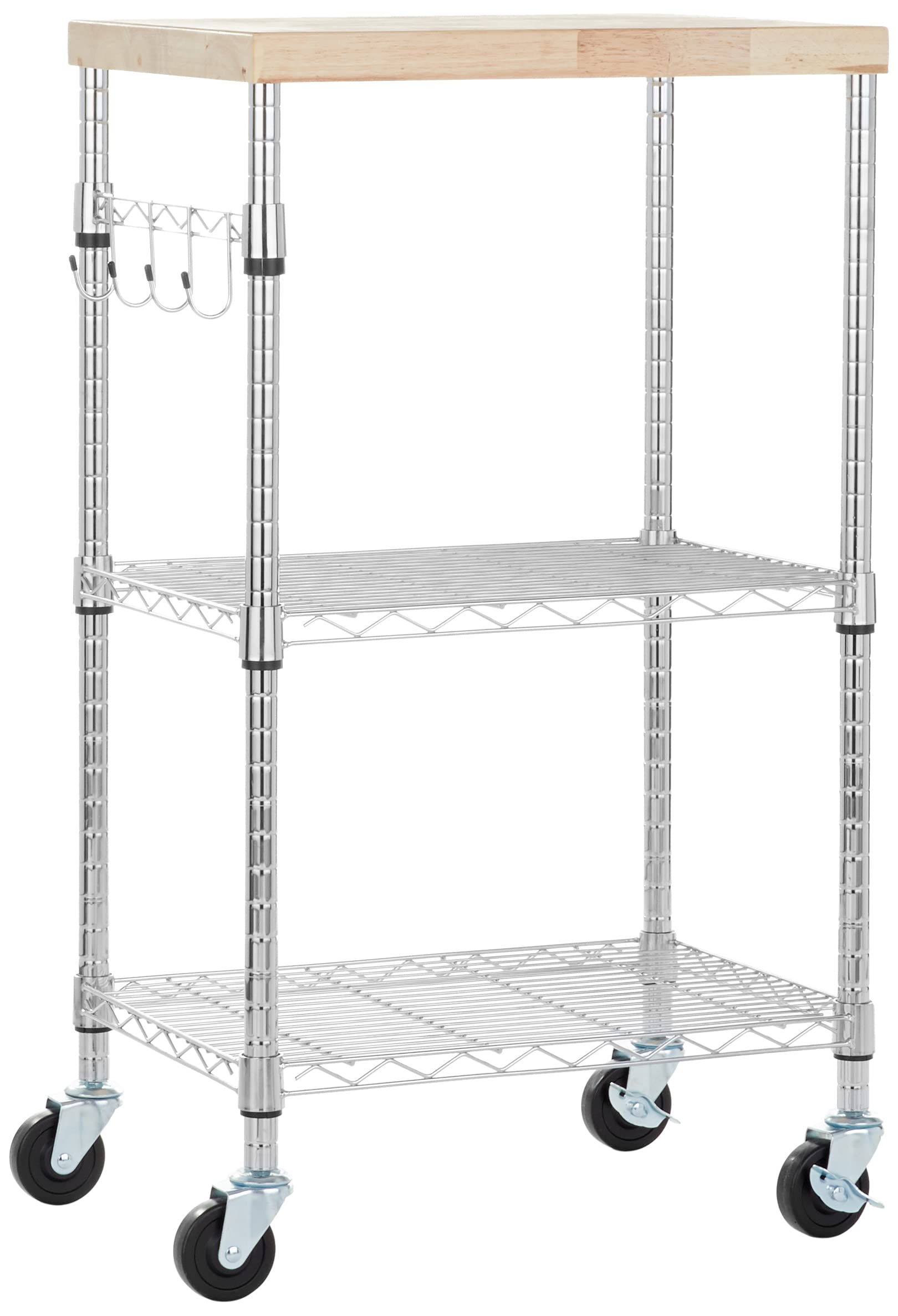 Amazon Basics Portable Kitchen 3-Tier Storage Rack on Caster Wheels with Adjustable 2 Shelves, 175 Pound Capacity, 21 x 15 x 36.7 inches (LxWxH), Wood/Chrome