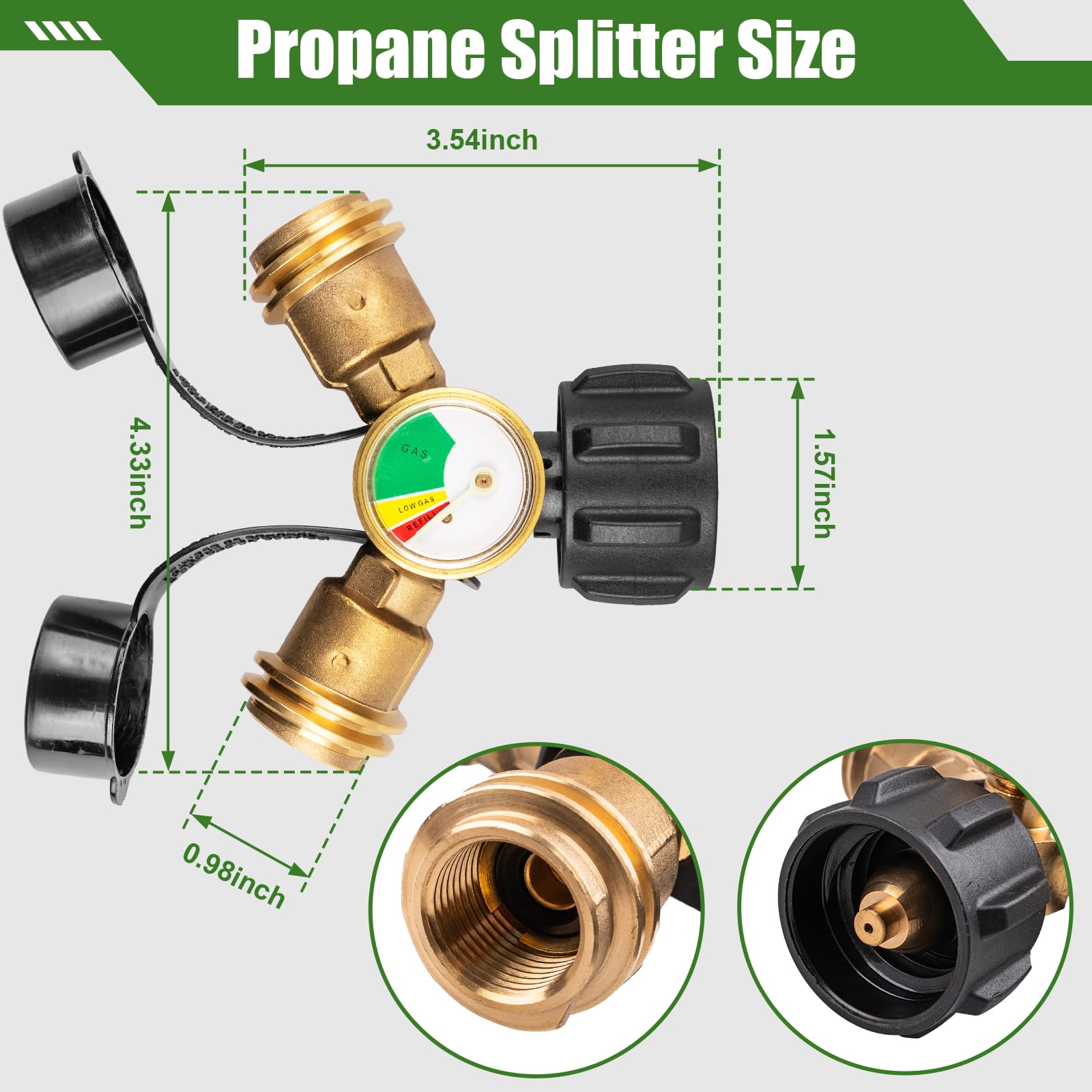 Propane Tank Splitter with Gauge, Propane Splitter 2 Way, Propane Y Splitter Adapter with Shut Off Valve, Propane Hose Splitter Manifold for Camping Stoves, Heater, BBQ Grills, Gas Burners and More