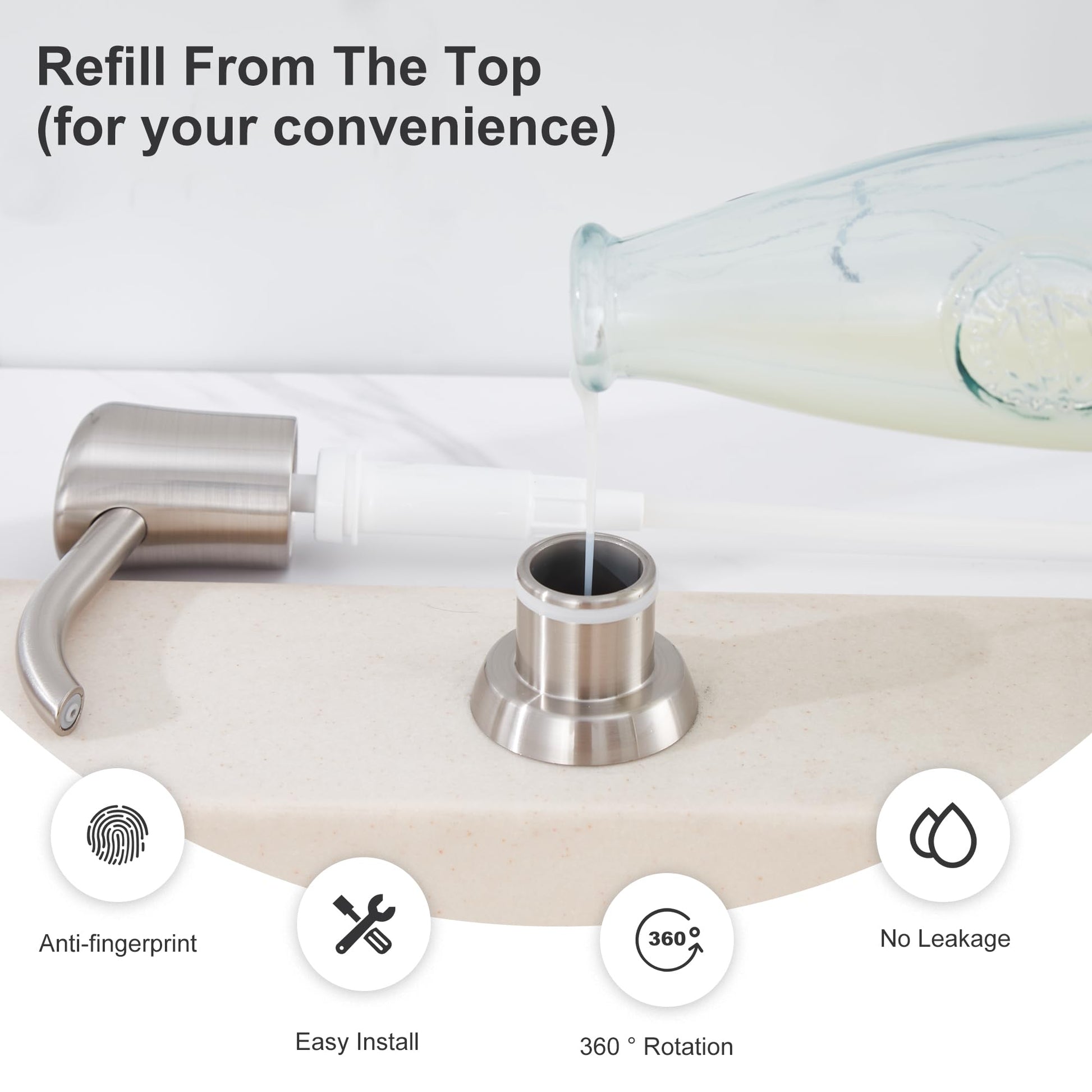 GAGALIFE Built in Sink Soap Dispenser or Lotion Dispenser for Kitchen Sink, Brushed Nickel ABS Pump Head, with 17 Ounce Large PET Soap Bottle
