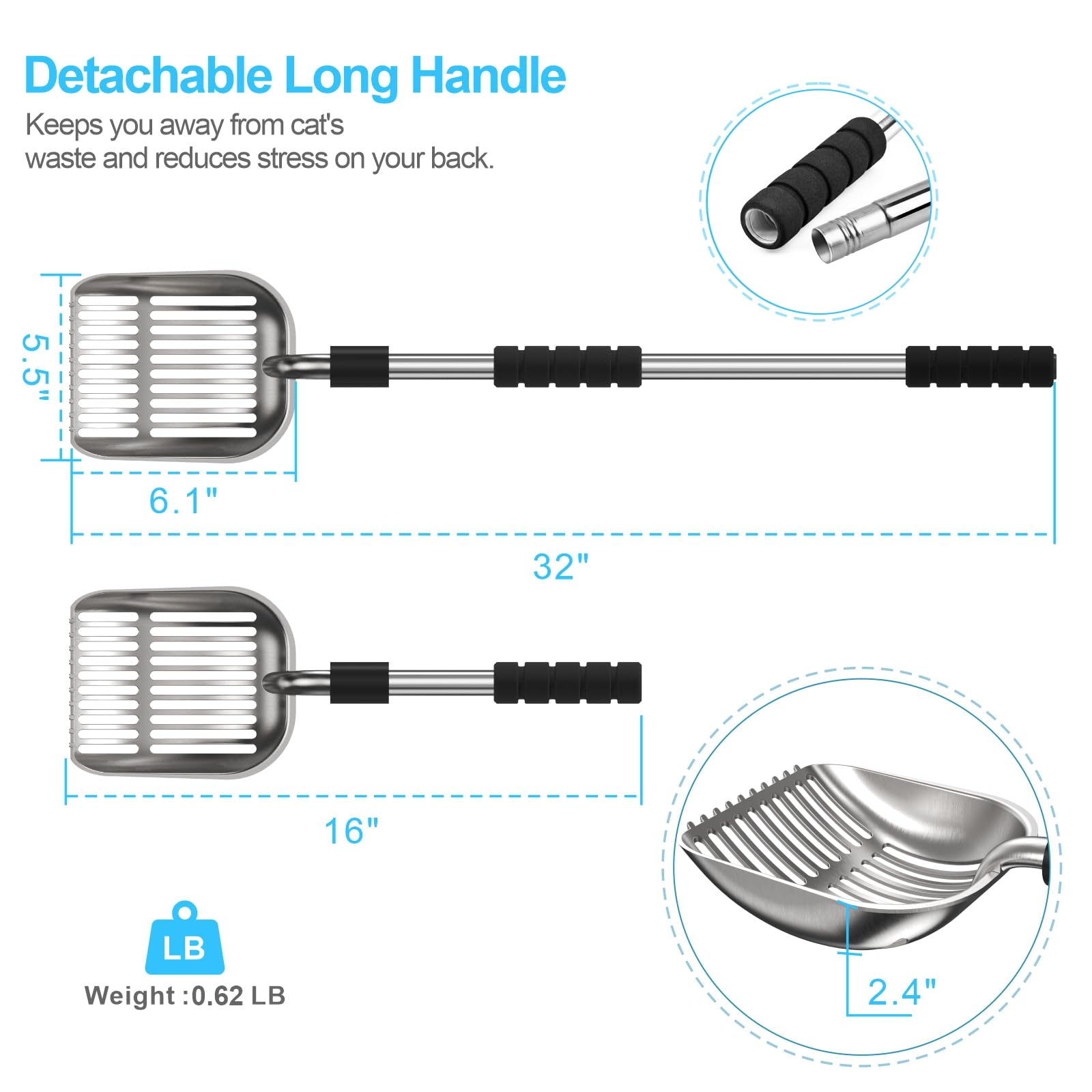 Depets Cat Litter Scoop, Metal Litter Scooper with Deep Shovel, Detachable Long Handle Cat Litter Sifter with Holder, Large Durable Cat Litter Shovel with Foam Pad Grip for Easy Sifting