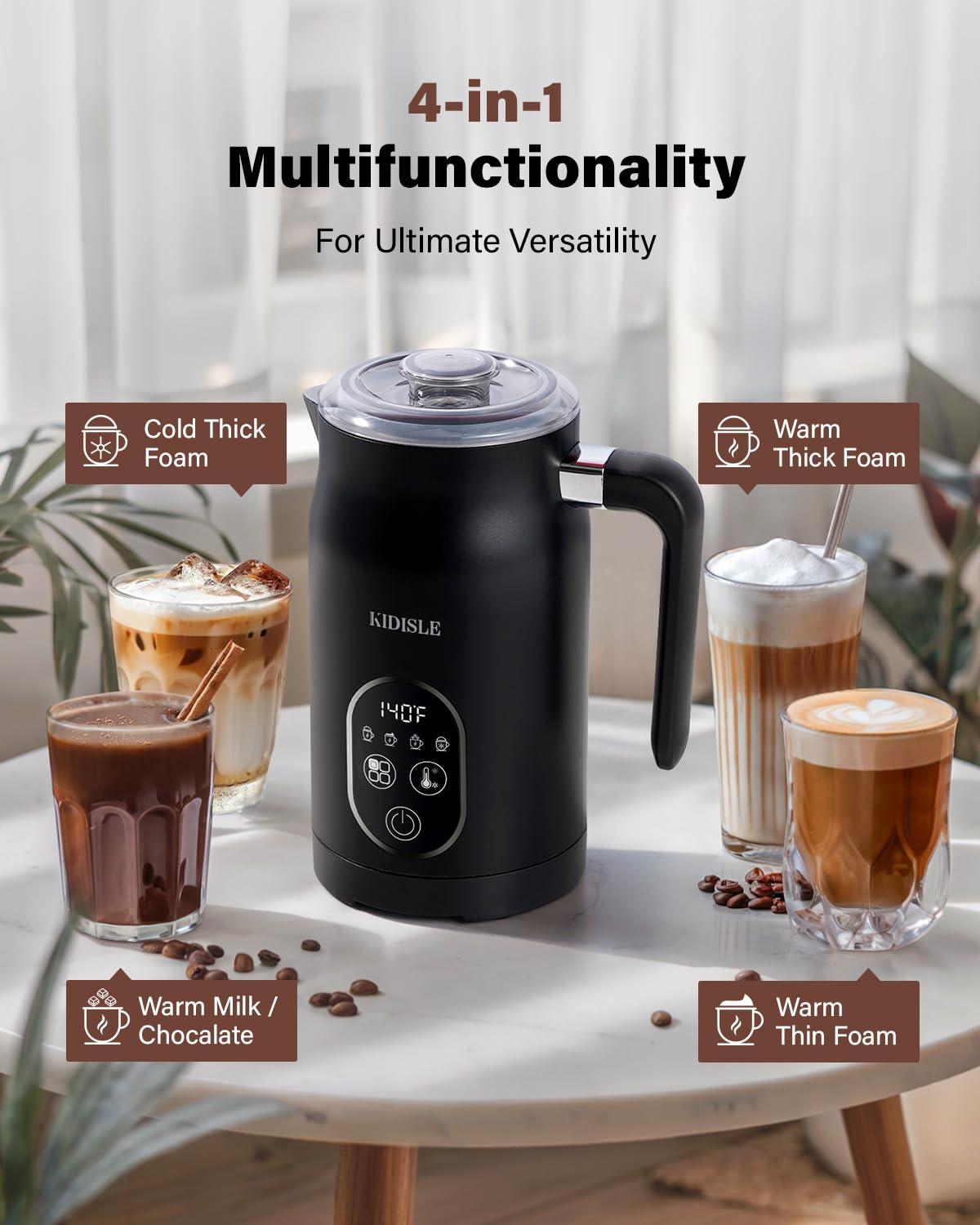 KIDISLE 4-in-1 Electric Milk Frother and Steamer, Milk Steamer with Auto Temperature Control, Warm & Cold Foam Maker, Fast Frother for Coffee, Latte, Hot Chocolate, Cappuccino, Macchiato, Black