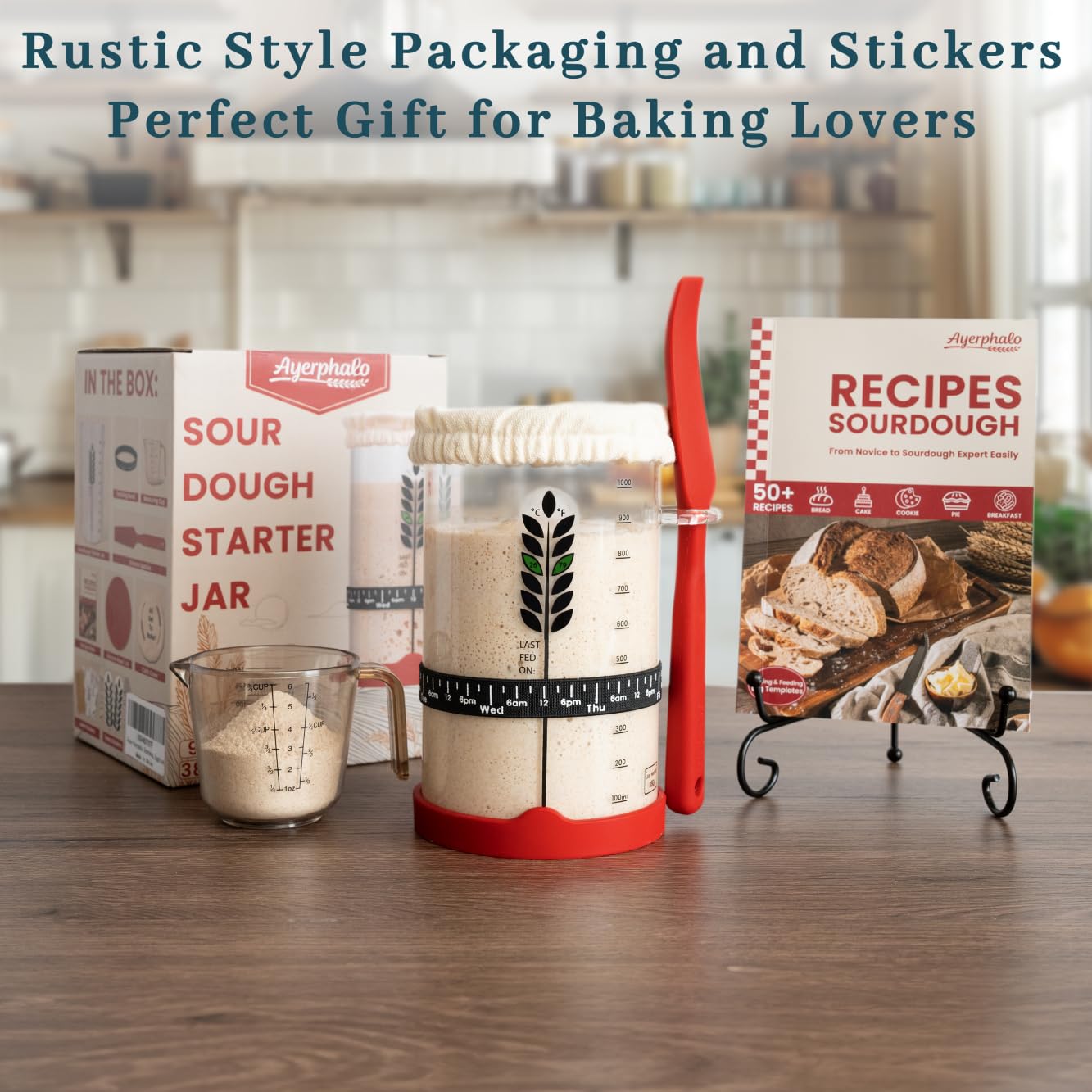 Sourdough Starter Kit - 38oz with Cookbook, Measuring Cup, Spatula, Wide Mouth Jar Cover, Thermometer, Date Marked Feeding Band, Glass Jar for Baker, Bread Baking Supplies