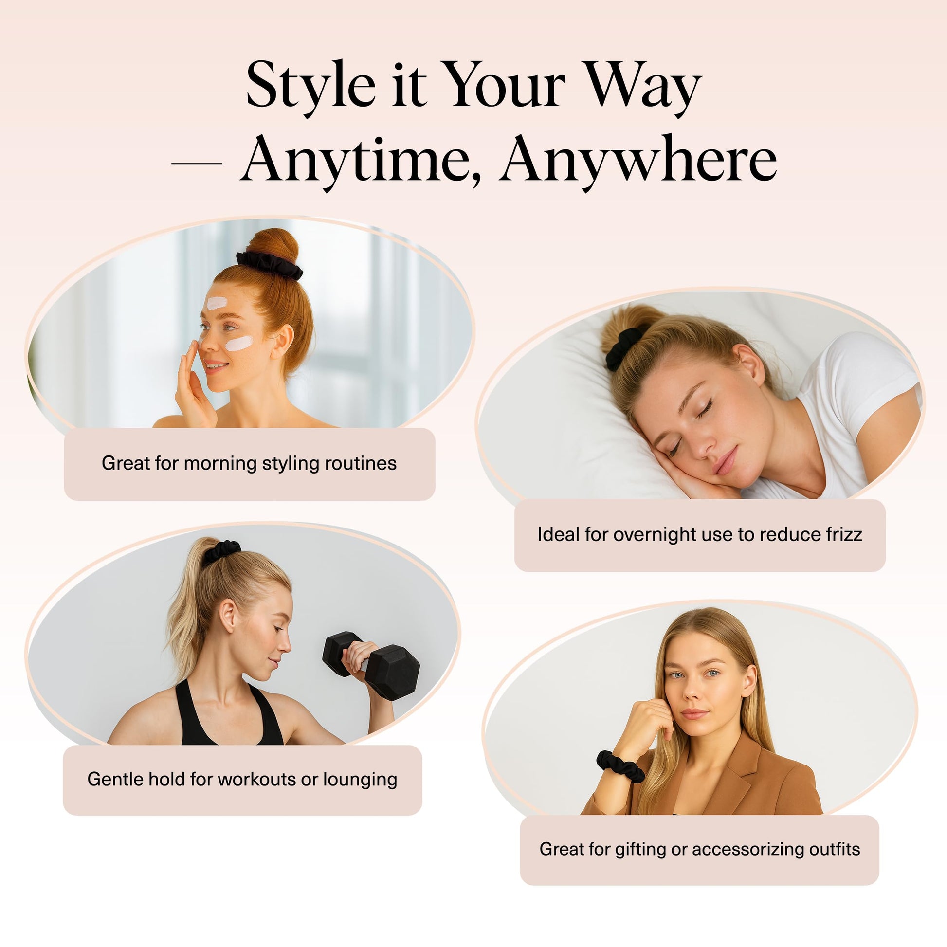Kitsch Satin Scrunchies for Women – No Crease Hair Ties – Soft Satin Hair Scrunchies for Girls – Frizz Free, Gentle, Stylish Hair Accessories – Black, 5 pcs