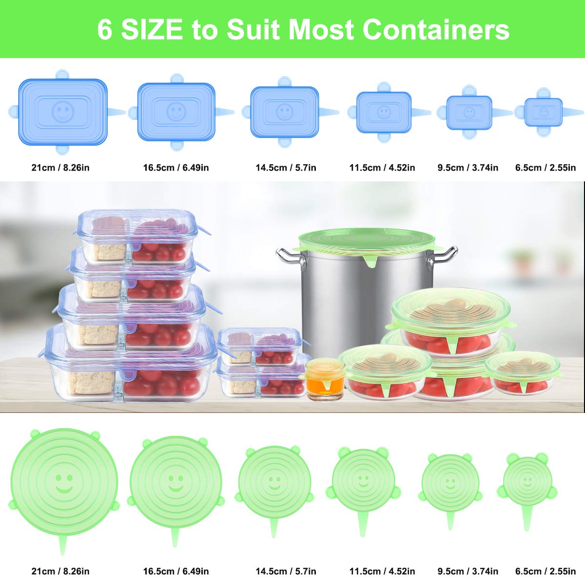 ONEGOL Silicone Stretch Lids, 12 Pack Silicone Lids, 6 Sizes BPA-free Silicone Bowl Covers Reusable for Cups, Bowls and Dish, Flexible, Round and Rectangle Fit 2.6” - 8.2” Container, Green & Blue