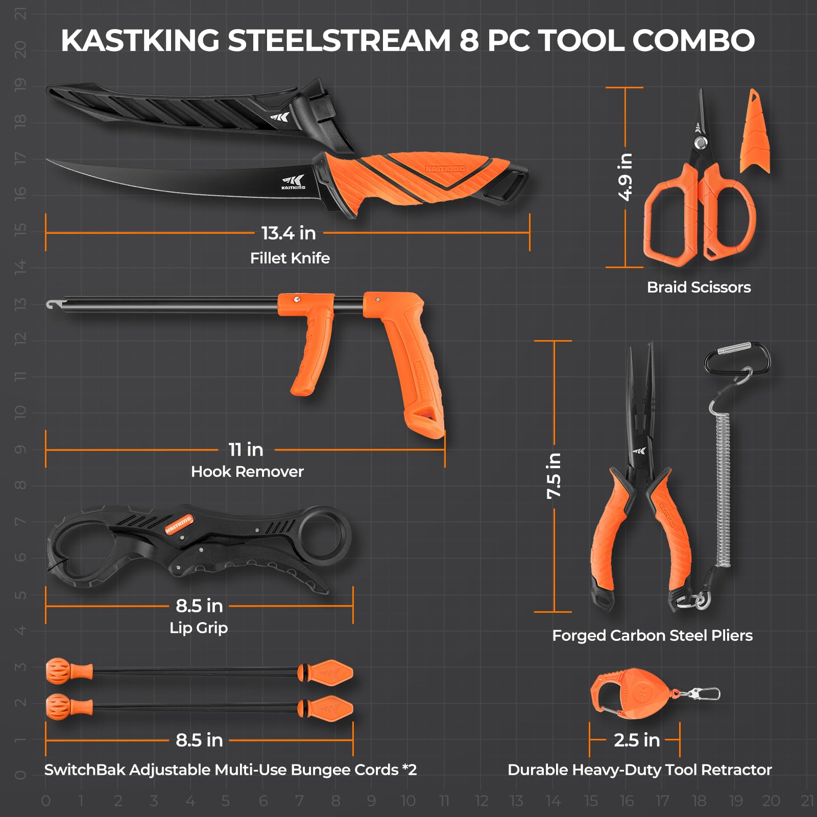 KastKing SteelStream 8pc Fishing Tool Kit - Fishing Pliers with Lanyard, Fillet Knife, Floating Fish Lip Gripper, Fishing Braid Scissors, Tool Retractor, Fishing Hook Remover, Bungee Cords