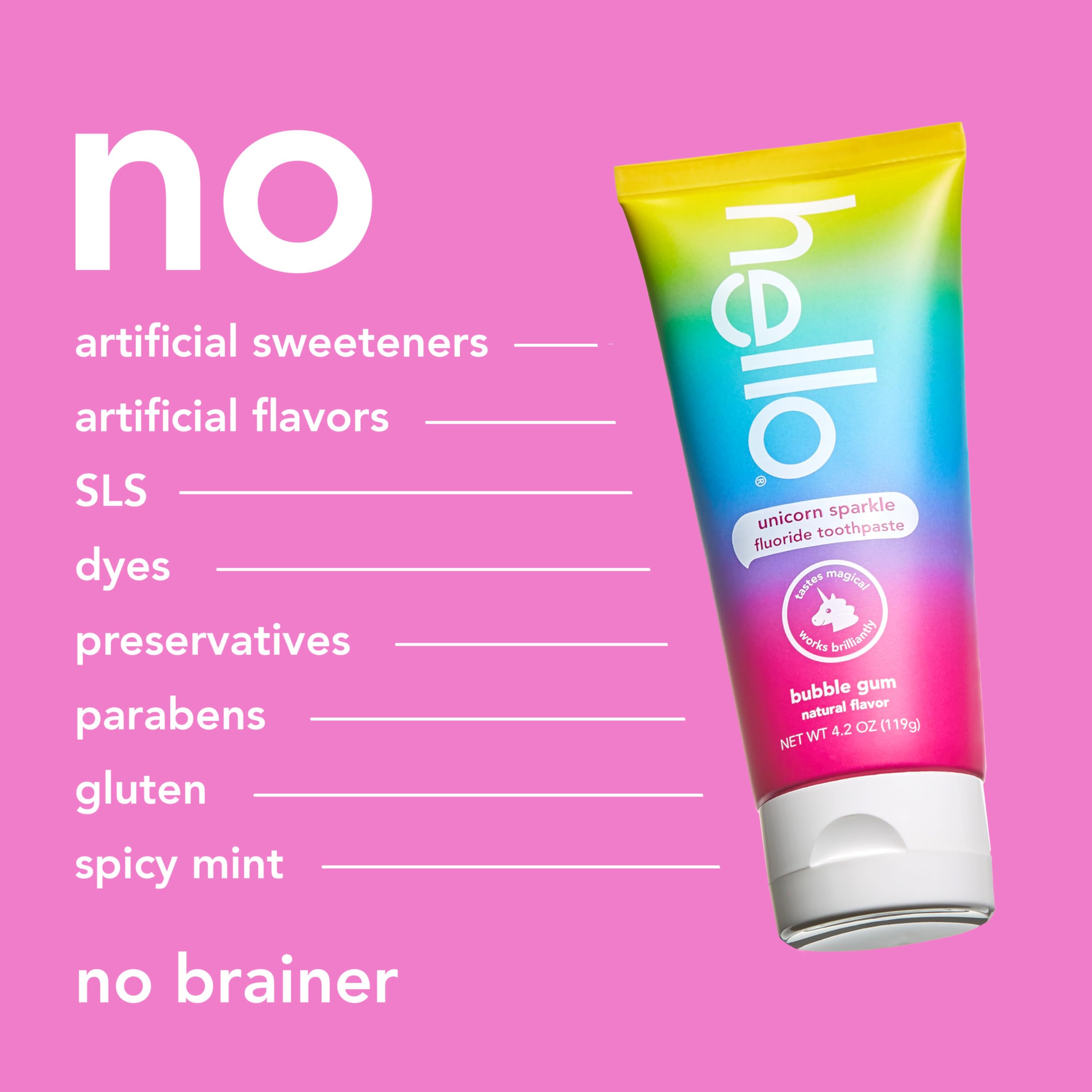 hello Unicorn Sparkle Kids Fluoride Toothpaste, Natural Bubble Gum Flavor, ADA Approved, Ages 2+, No Artificial Sweeteners, No SLS, Gluten Free, Vegan, Pack of 3, 4.2 oz Tubes