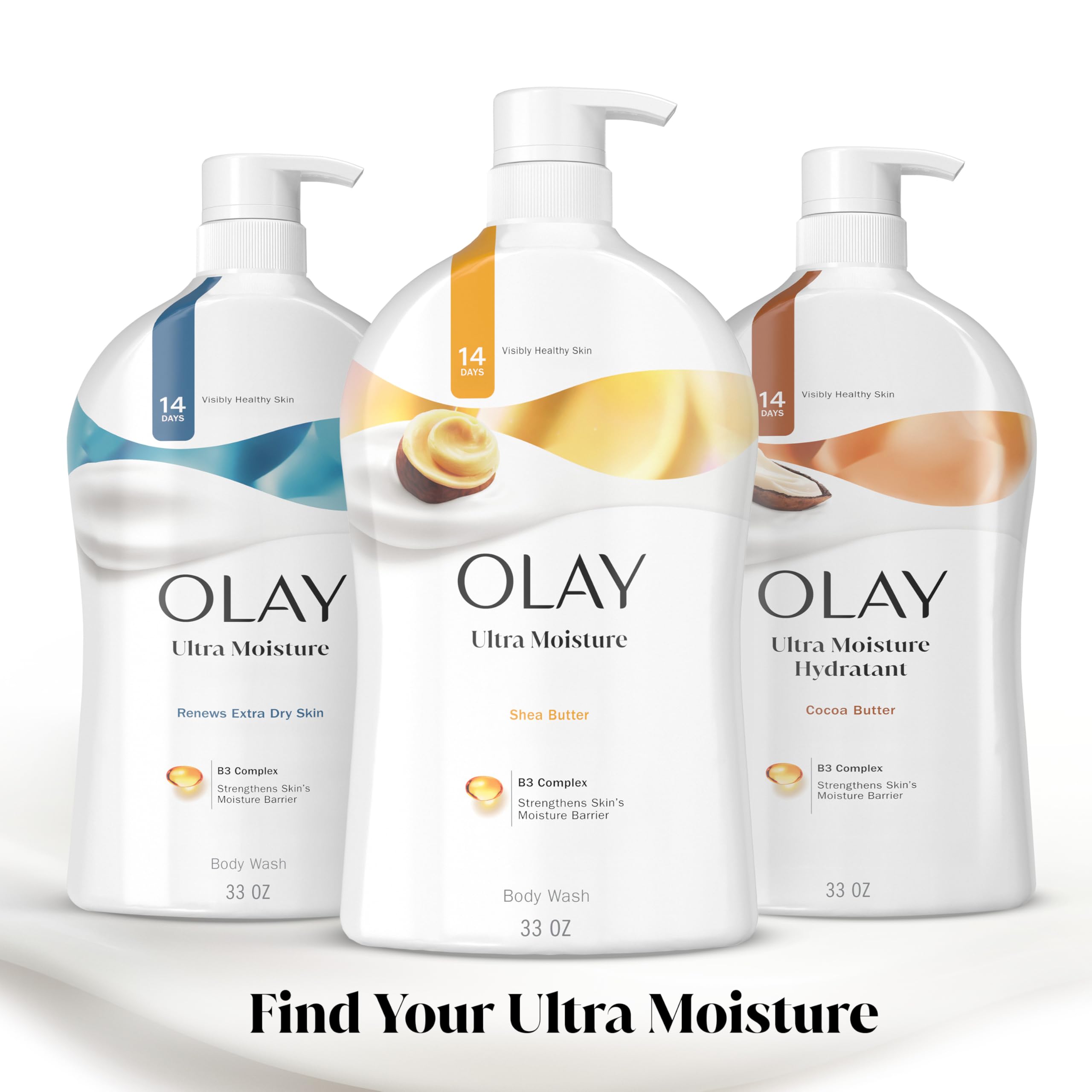 Olay Body Wash for Women, Ultra Moisture, 24hr Moisturizing, Hydrating & Refreshing, B3 Vitamin Complex, Free of Parabens & Phthalates, For All Skin Types, Shea Butter Scent, 33 fl oz