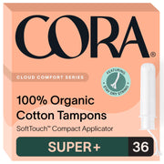 Cora Organic Applicator Tampons | Super Plus Absorbency | 100% Organic Cotton, Unscented, BPA-Free Compact Applicator | Leak Protection | Packaging May Vary | 36 Total