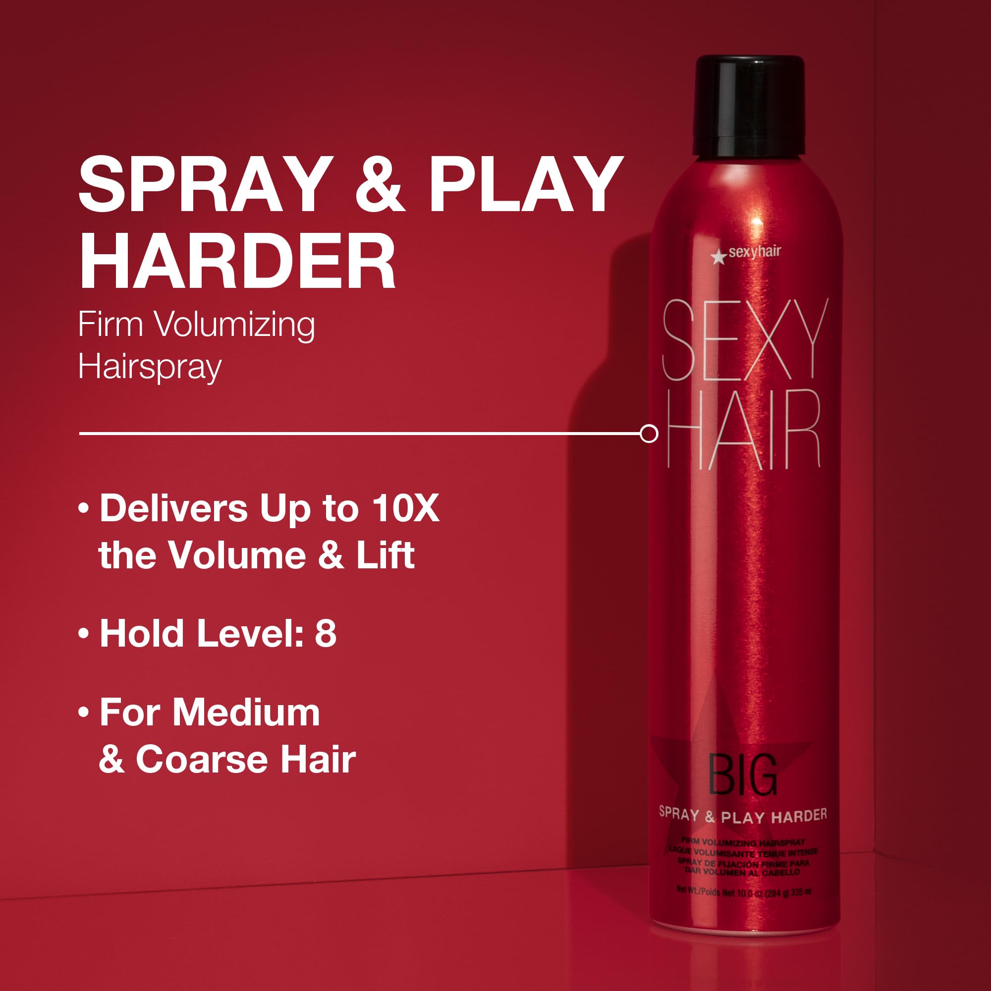 SexyHair Big Spray & Play Harder Firm Volumizing Hairspray, 10 Oz | All Day Hold and Shine | Up to 72 Hour Humidity Resistance