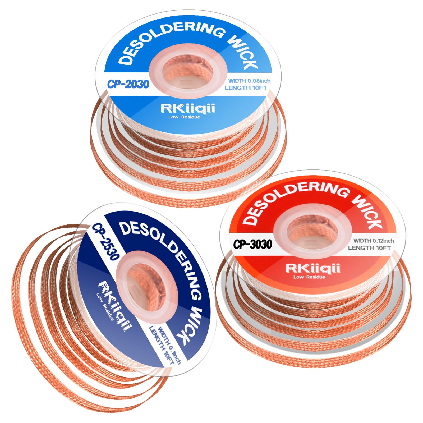 Rkiiqii 3pcs Solder Wick Braid with Flux, Upgrade Desoldering Wick (0.08/0.1/0.12in, 10ft Each) No Clean Low Residue Soldering Wick, Coated Braid for Electronics Component Repair, PCB Circuit Board
