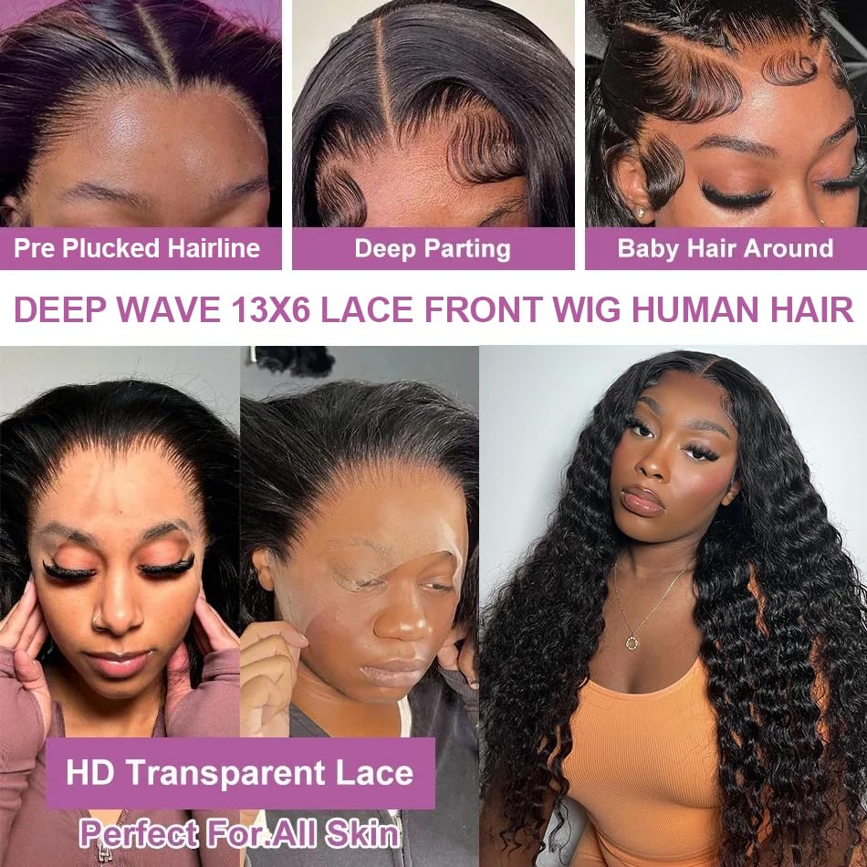 SICNPRW 32 Inch 13x6 Deep Wave Lace Front Wigs Human Hair HD Lace Front Wigs Human Hair Pre Plucked 200 Density Glueless 13x6 Deep Curly Frontal Wigs Human Hair for Women