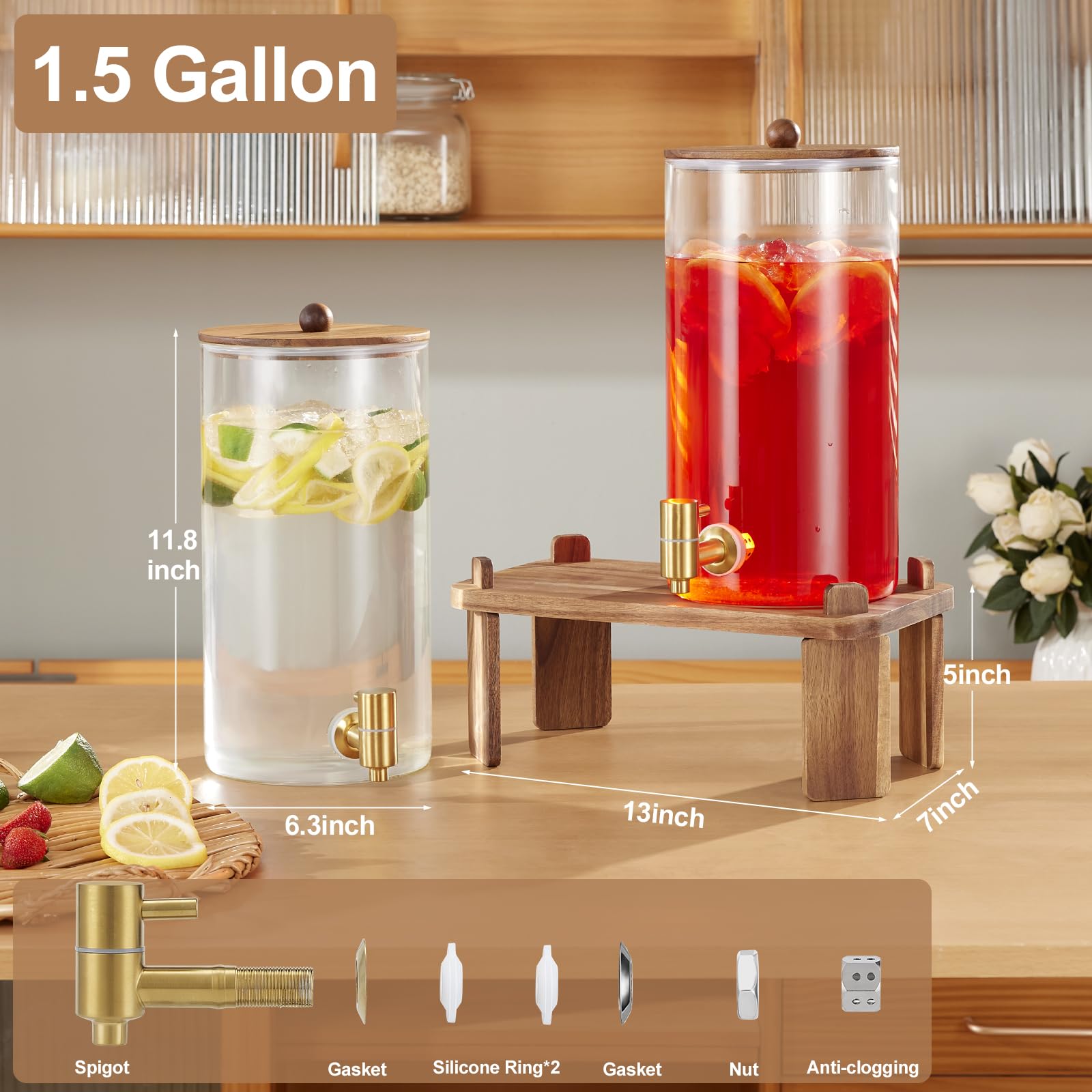 2 PCS 1.5 Gallon Drink dispenser, Glass Beverage Dispenser With Wood Stand, Large Water Drink Dispensers for Parties With Stainless Steel Spigot, Ideal for Lemonade,Juice, Tea, and Party Drinks