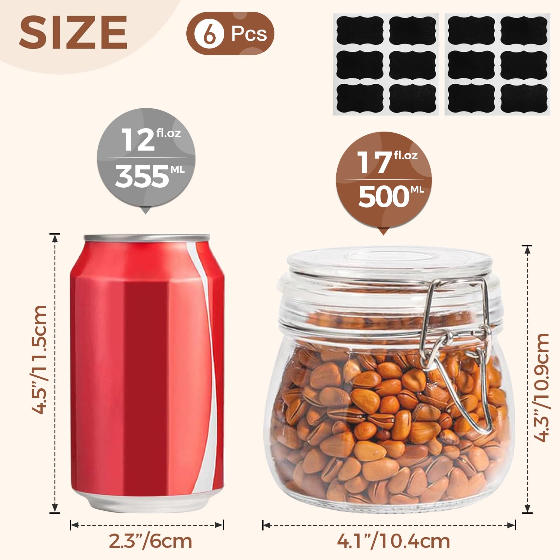 ComSaf Airtight Glass Canister Set of 6 with Lids 17oz Food Storage Jar Round - Storage Container with Clear Preserving Seal Wire Clip Fastening for Kitchen Canning Cereal,Pasta,Sugar,Beans,Spice