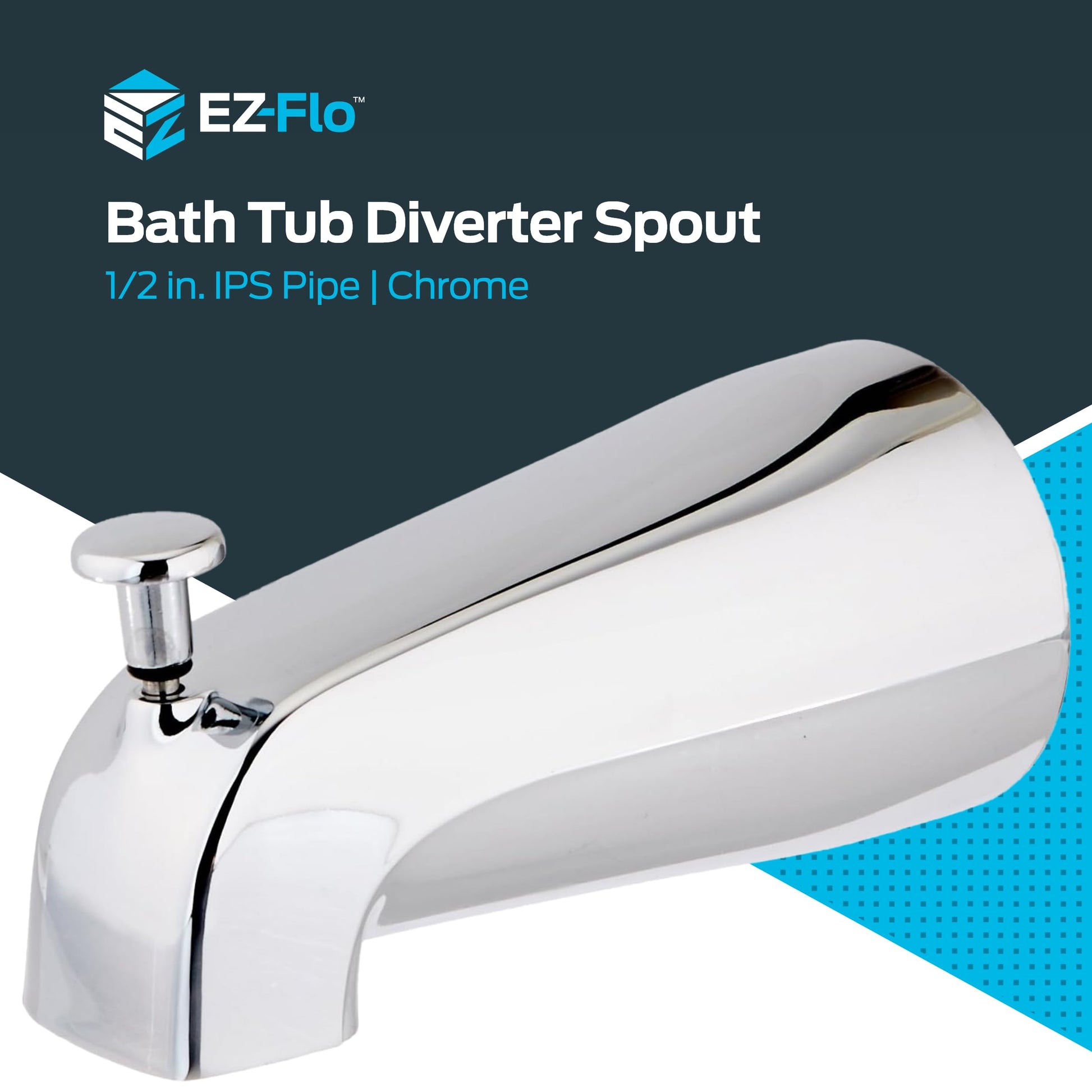 EZ-FLO 5-3/8 Inch Nose Diverter Tub Spout, 1/2 Inch IPS Connection, Chrome Finish, 15083