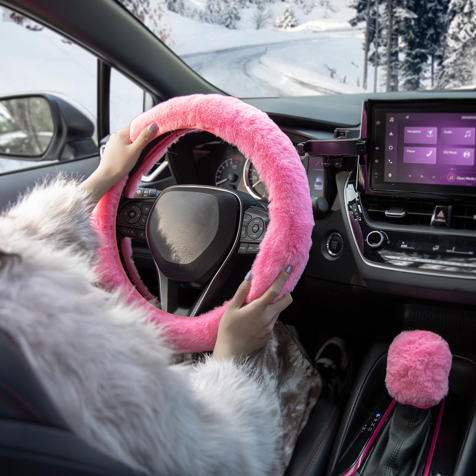 SEG Direct Furry Car Steering Wheel Cover with Fluffy Gear Shift Cover Soft Warm Non-Slip Car Decoration for Women Girls 2 PCS Set, Pink