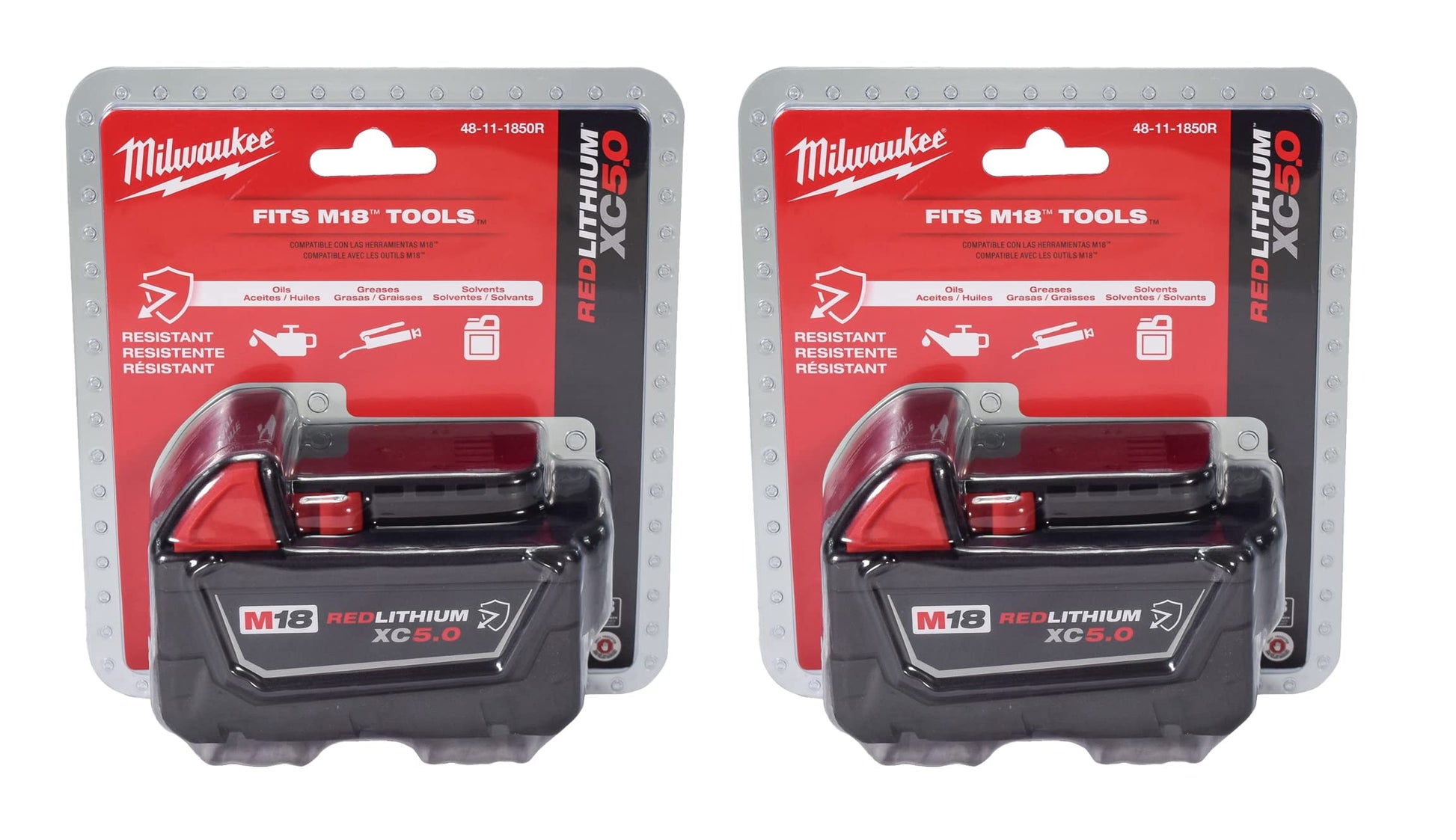Milwaukee 48-11-1850R M18 18V 5Ah XC Extended Capacity Resistant Battery 2 Pack, (48-11-1850Rx2)