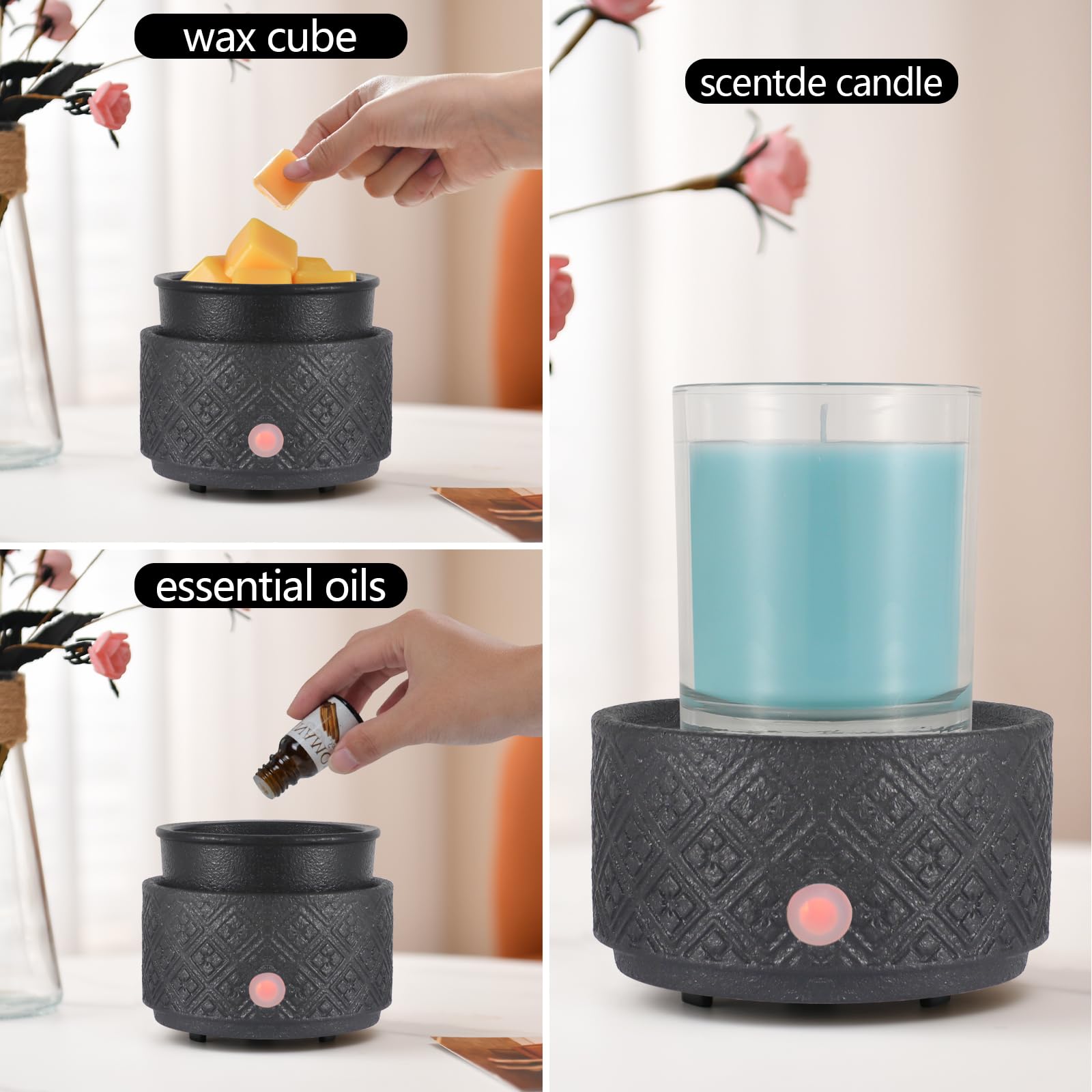 mocosa Wax Melt Warmer for Scented Wax,3-in-1Ceramic Wax Warmer Fragrances Candle Oils, Home Fragrance Wax Burner,Electric Candle Warmer as Gift for Mom Women(Black)