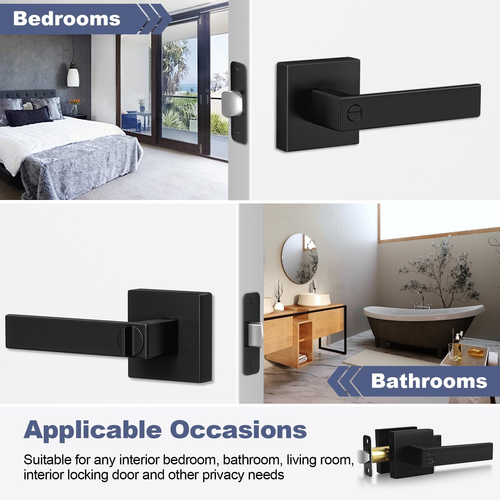 Estmoon 5 Pack Matte Black Door Handles Interior Door Knobs, Home Improvement Keyless Privacy Door Lock, Heavy Duty Zinc Alloy 2.07 lb Door Leverset for Bedrooms Bathrooms