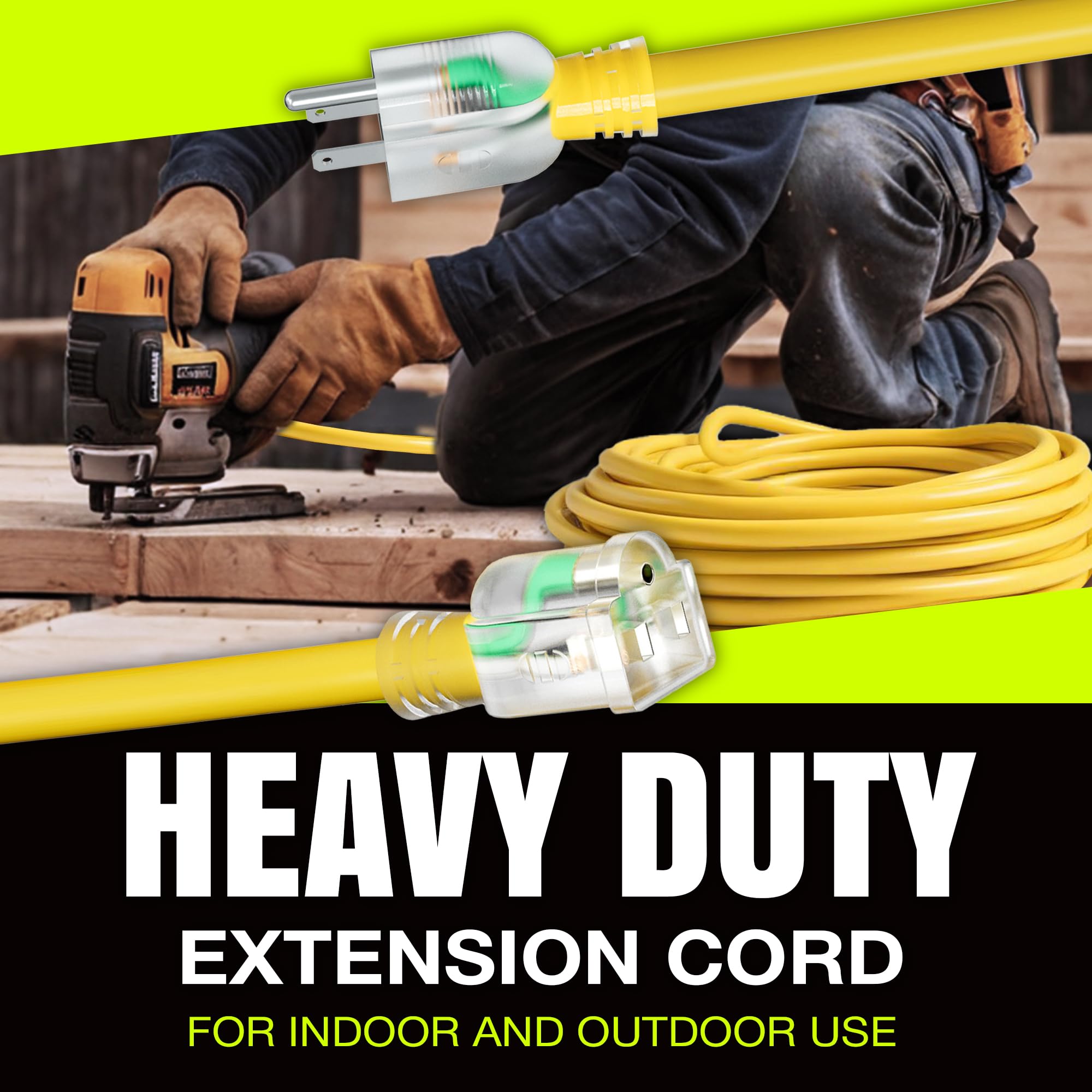50ft Outdoor/Indoor Extension Cord 10/3 Gauge Ultra Heavy Duty 3 Prong SJTW, Waterproof, Flexible Cold-Resistant Long Power Cord,15A 125V 1875W, Yellow by LifeSupplyUSA