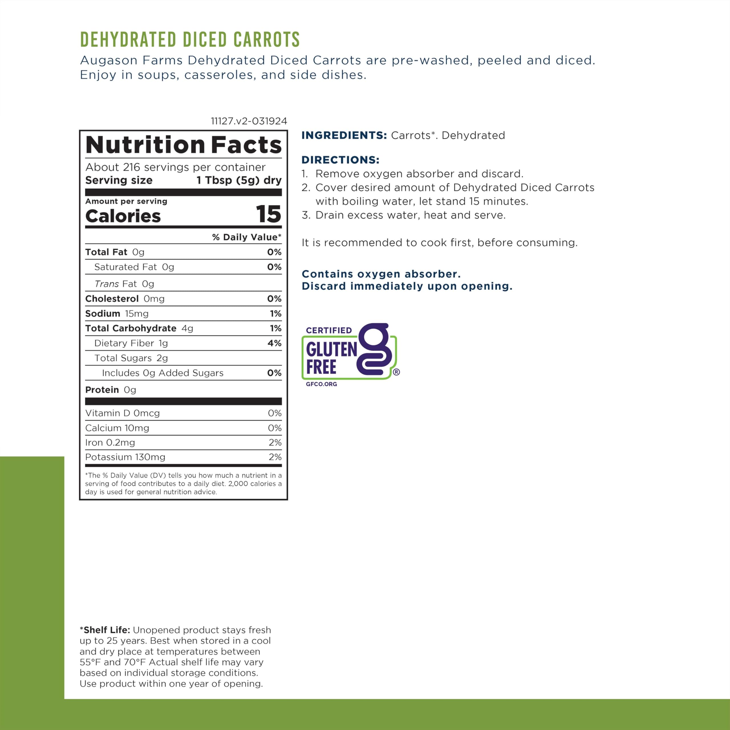 Augason Farms Dehydrated Diced Carrots Can, Emergency Food Supply, Everyday Meals, 216 Servings