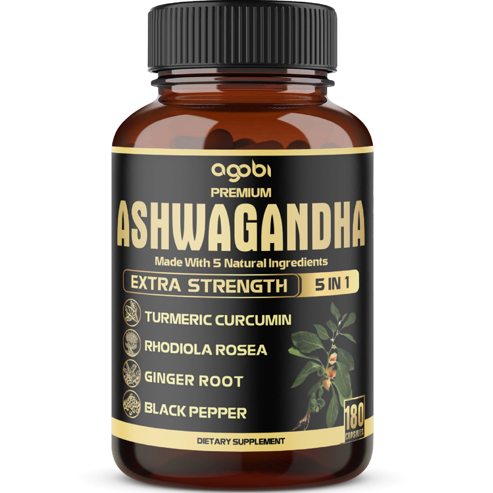 5in1 Premium Ashwagandha Capsules - Added Turmeric, Rhodiola Rosea, Ginger, Black Pepper - Strength, Spirit & Immune Support - 180 Caps for 6 Months