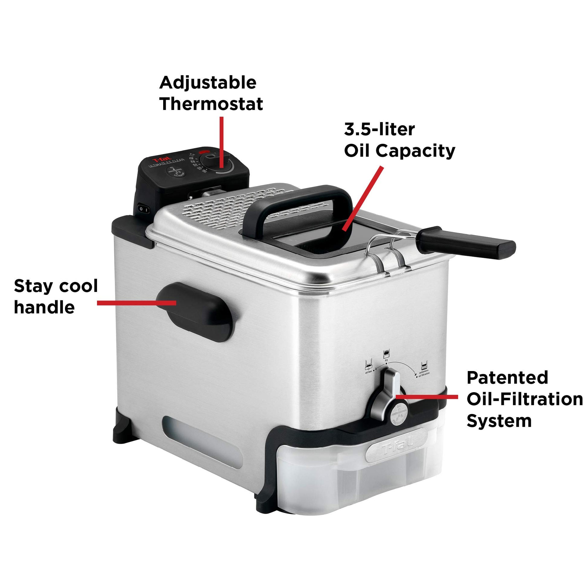 T-fal 3.5L Stainless Steel Deep Fryer with Basket, 1700W Electric Deep Fryer with Basket and Lid, Oil Filtration, Temp Control, Digital Timer, Dishwasher Safe Parts