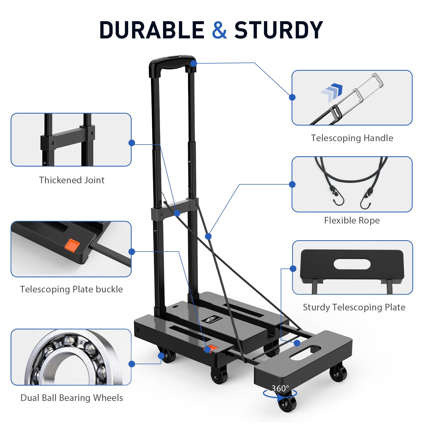SPACEKEEPER Folding Hand Truck, 500 LB Heavy Duty Luggage Cart, Utility Dolly Platform Cart with 6 Wheels & 2 Elastic Ropes for Luggage, Travel, Moving, Shopping, Office Use, Black