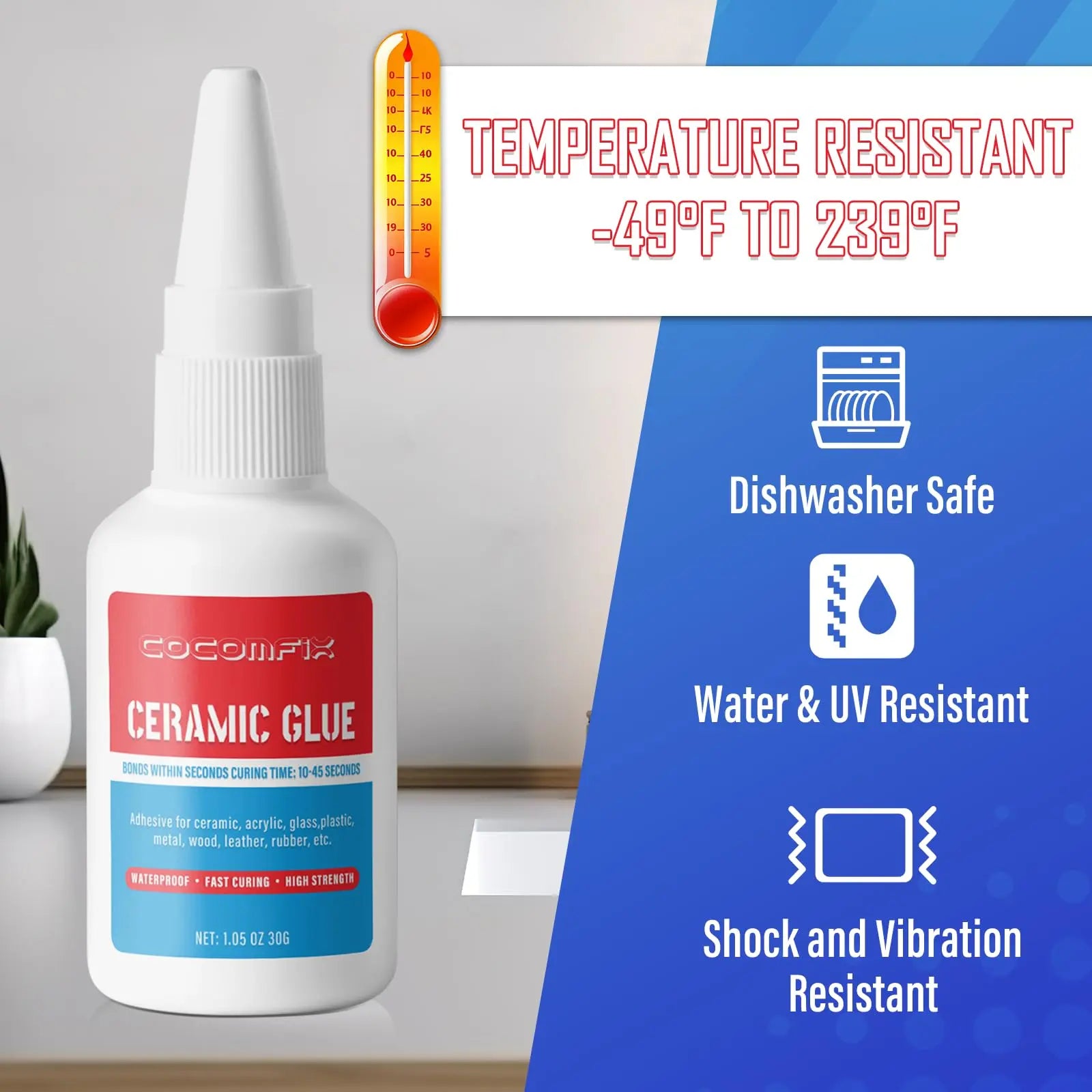 Waterproof Ceramic Glue - 30g CA Glue for Pottery & Porcelain Repair, High Temperature Resistant, No Smell After Cure and Food Grade Material