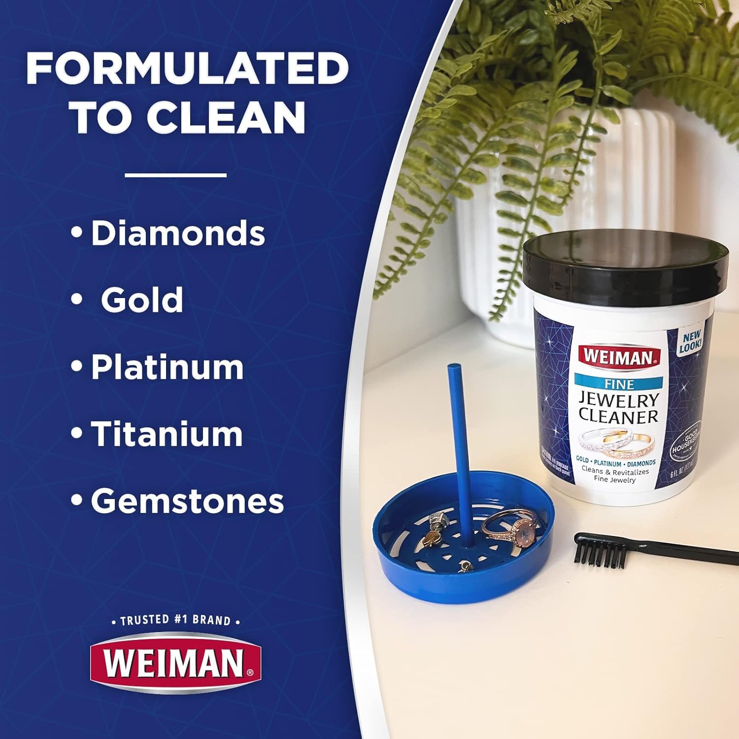 Weiman Fine Jewelry Cleaner Liquid with Cleaning Brush – Restores Shine & Brilliance to Gold, Platinum, Precious Gemstones & Diamond Jewelry, 6 Oz