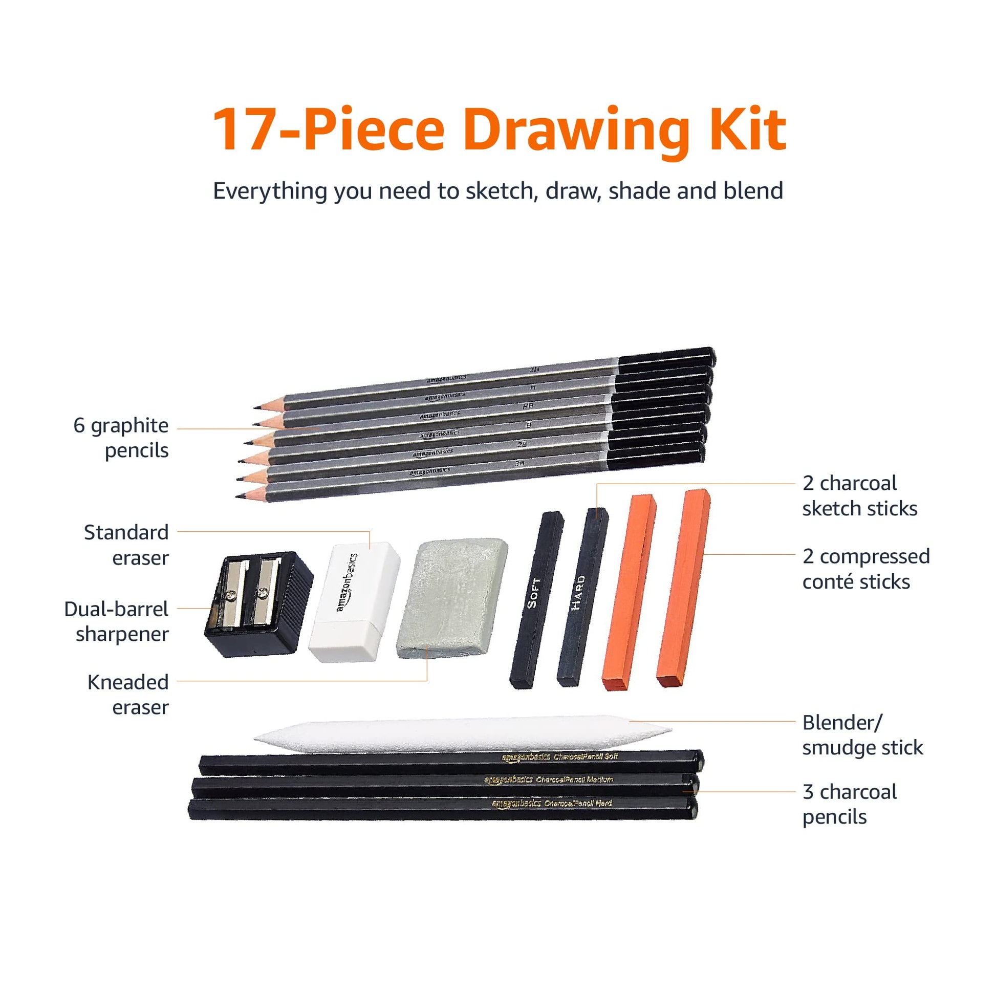 Amazon Basics Sketching and Drawing Art Pencil Kit, Artist Supplies with Pencils, Erasers, Sharpener, Charcoal, Black, White, 17 Piece Set