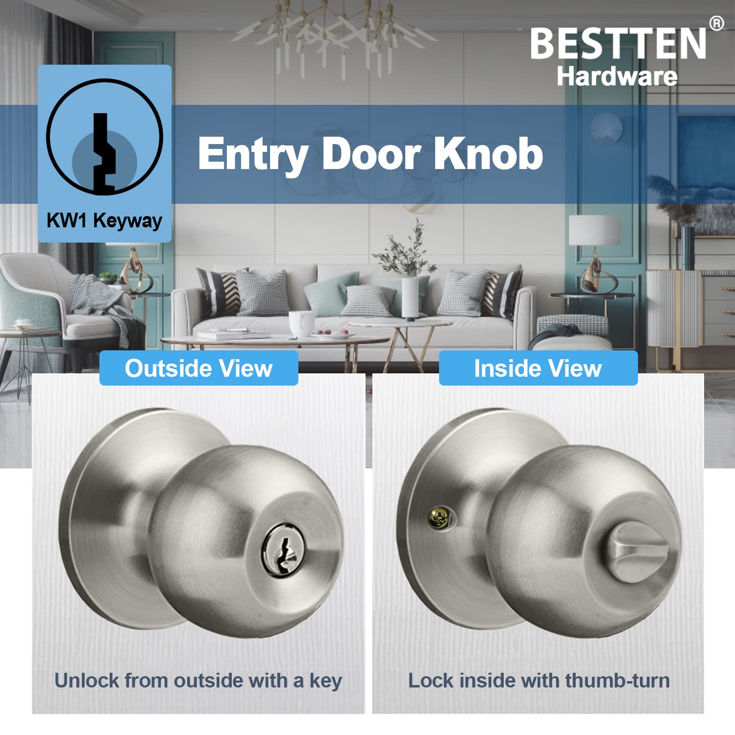 BESTTEN Keyed Entry Door Knob with Lock, Interior and Exterior Door Lock, Standard Ball, Satin Nickel
