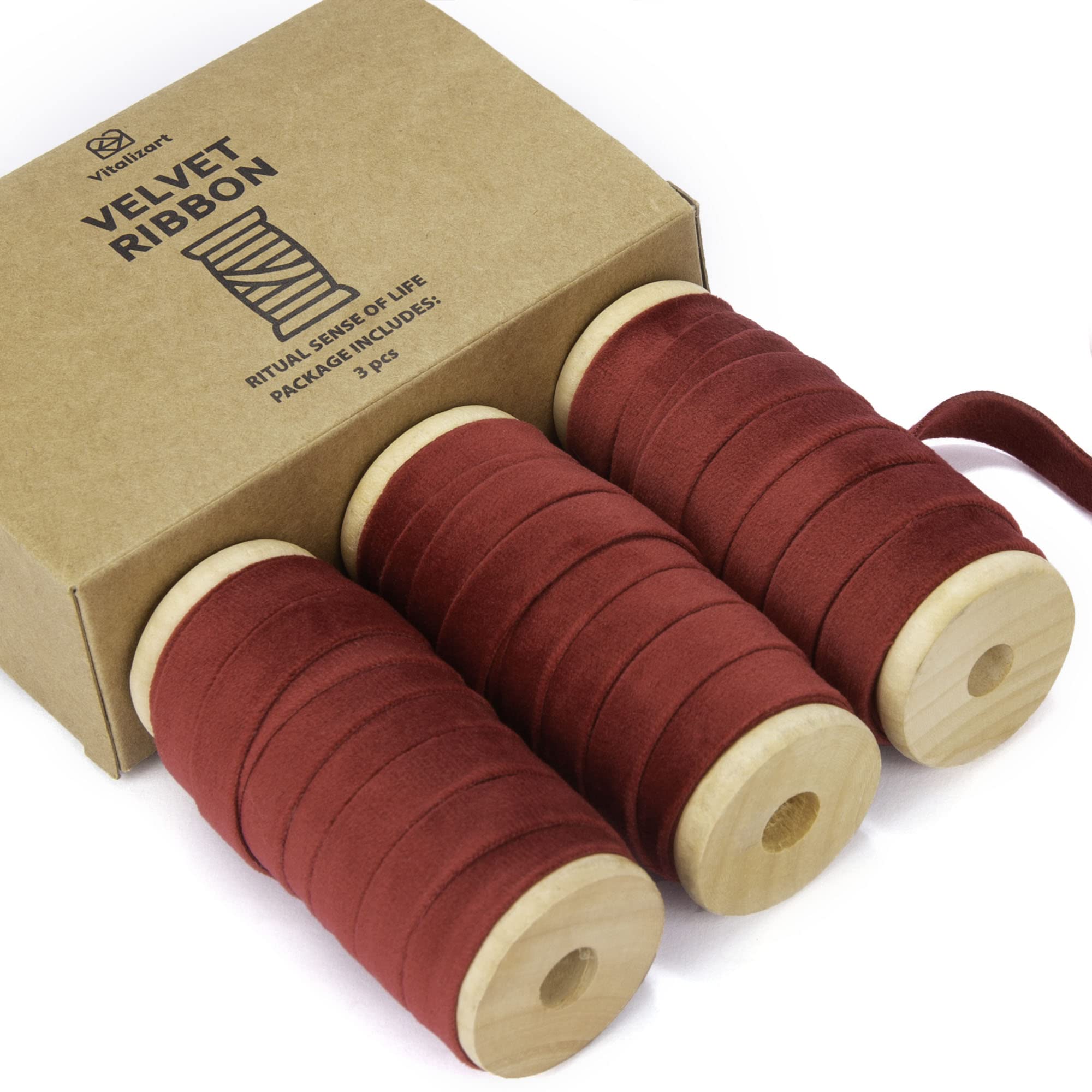 Vitalizart Red Velvet Ribbon Set 3/8" x 15 Yd Burgundy Wooden Spool Fabric Trim 3 Rolls * 5 Yd for Christmas Wreath Decoration Handmade Craft Ornaments Gift Wrapping & Bow Making