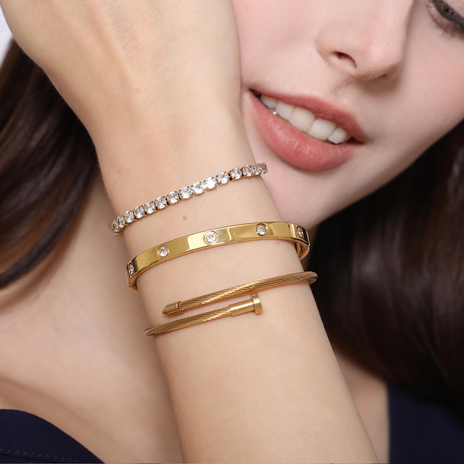 A D. 18 K Gold Plated Love Bangle Bracelet Set Stackable Cubic Zirconia Chain Bracelet Stainless Steel Chain Gold Bangle Bracelets for Women (3 Sets(Tennis,Bangle))